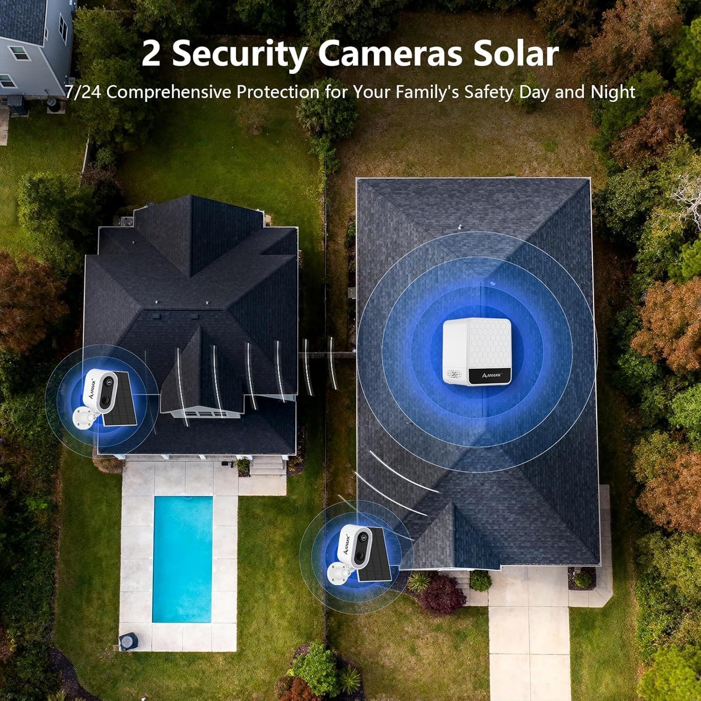 Anakk 4MP Solar Security Cameras Wireless Outdoor, 355° Pan Tilt Motion Detection,Color Night Vision, 5GHz/2.4GHz WiFi, IP65, 2-Cam Kit with 64GB Local Storage, No Monthly Fee Camera for Home Security