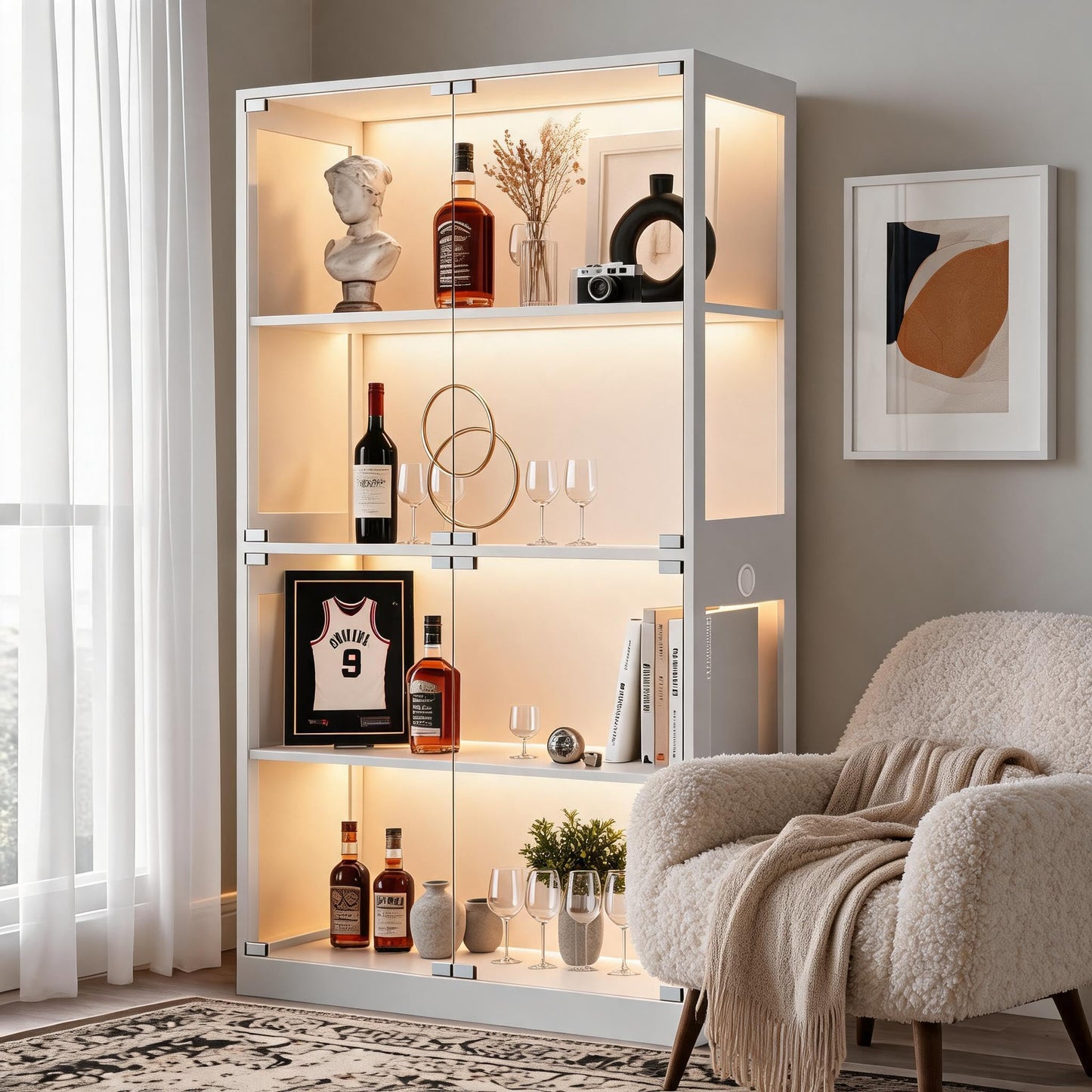 GarveeHome Display Cabinet with Glass Doors, 4 Tier Curio Cabinets with LED Lights & Charging Ports, Glass Display Case with Open Shelf & Human Body Sensor, Storage Showcase for Collectibles, White