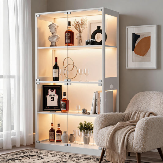 GarveeHome Display Cabinet with Glass Doors, 4 Tier Curio Cabinets with LED Lights & Charging Ports, Glass Display Case with Open Shelf & Human Body Sensor, Storage Showcase for Collectibles, White