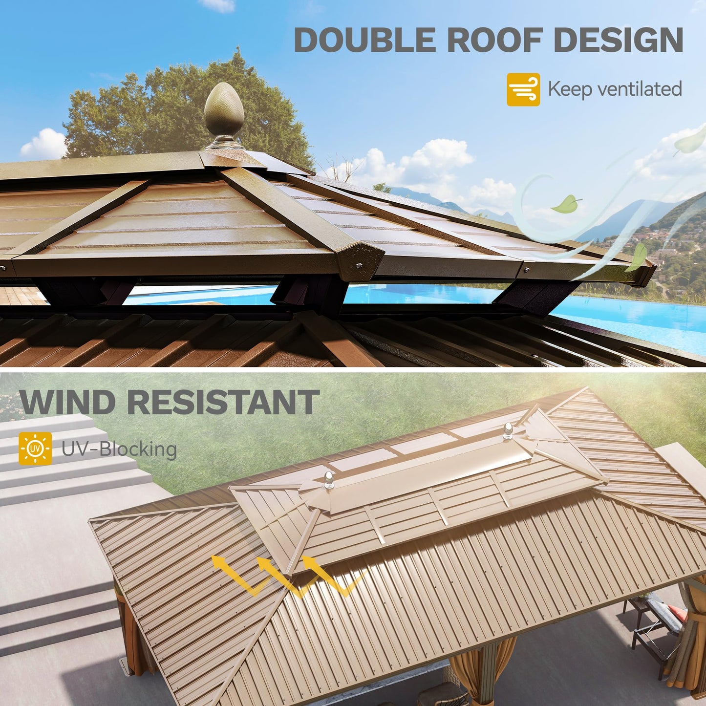 DWVO 12x20 ft Hardtop Gazebo with Nettings and Curtains, Outdoor Heavy Duty Aluminum Gazebo Combined of Horizontal and Vertical Stripes Roof for Patio, Backyard, Deck, Lawns and Balcony (Bronze)