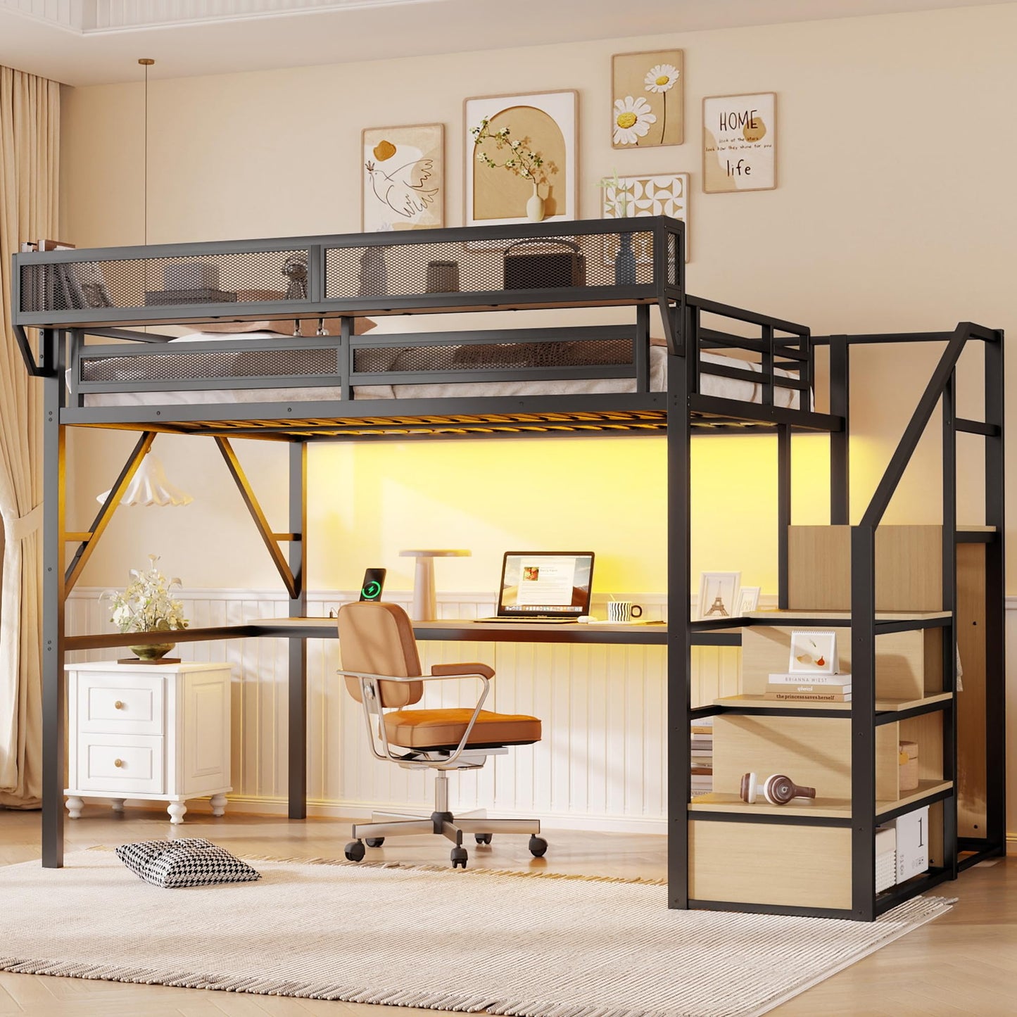 KEIKI Queen Size Metal Loft Bed Frame with Desk, Staircase, Built-in Storage Shelves and Wardrobe, Modern Loft Bed with Solid Slat, Guardrail, No Box Spring Required, Easy Assembly, for Bedroom, Black