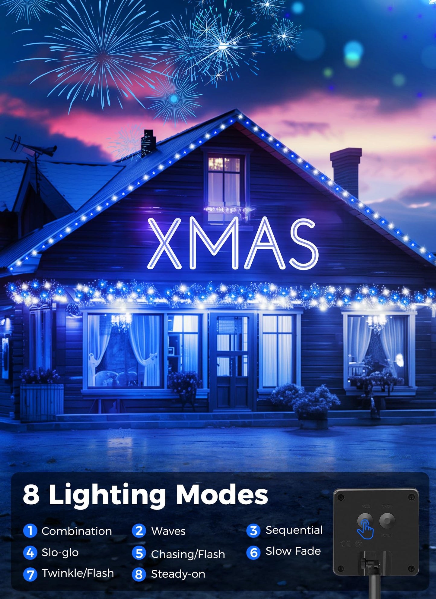 Minetom Solar String Lights - 400 LED, 160FT, 8 Modes, Waterproof, Outdoor Christmas Lights, 4 Pack, Blue & White