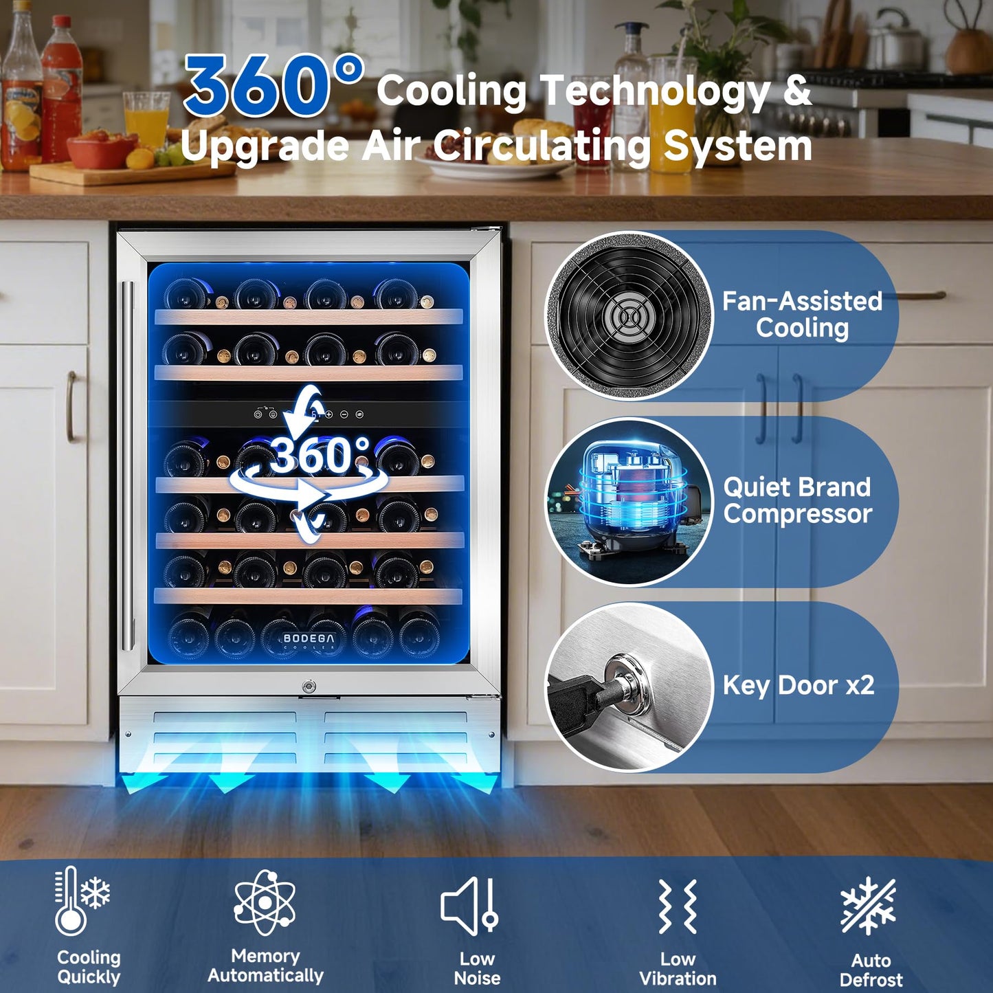 BODEGA COOLER 24 Inch Wine Cooler, 46 Bottle Wine Fridge Free standing, 41-72°F Wine Refrigerator Glass Door, Blue LED Wine Fridge, Built-in or Freestanding Fridge for Home/Bar/Kitchen (5.3 cu.ft)