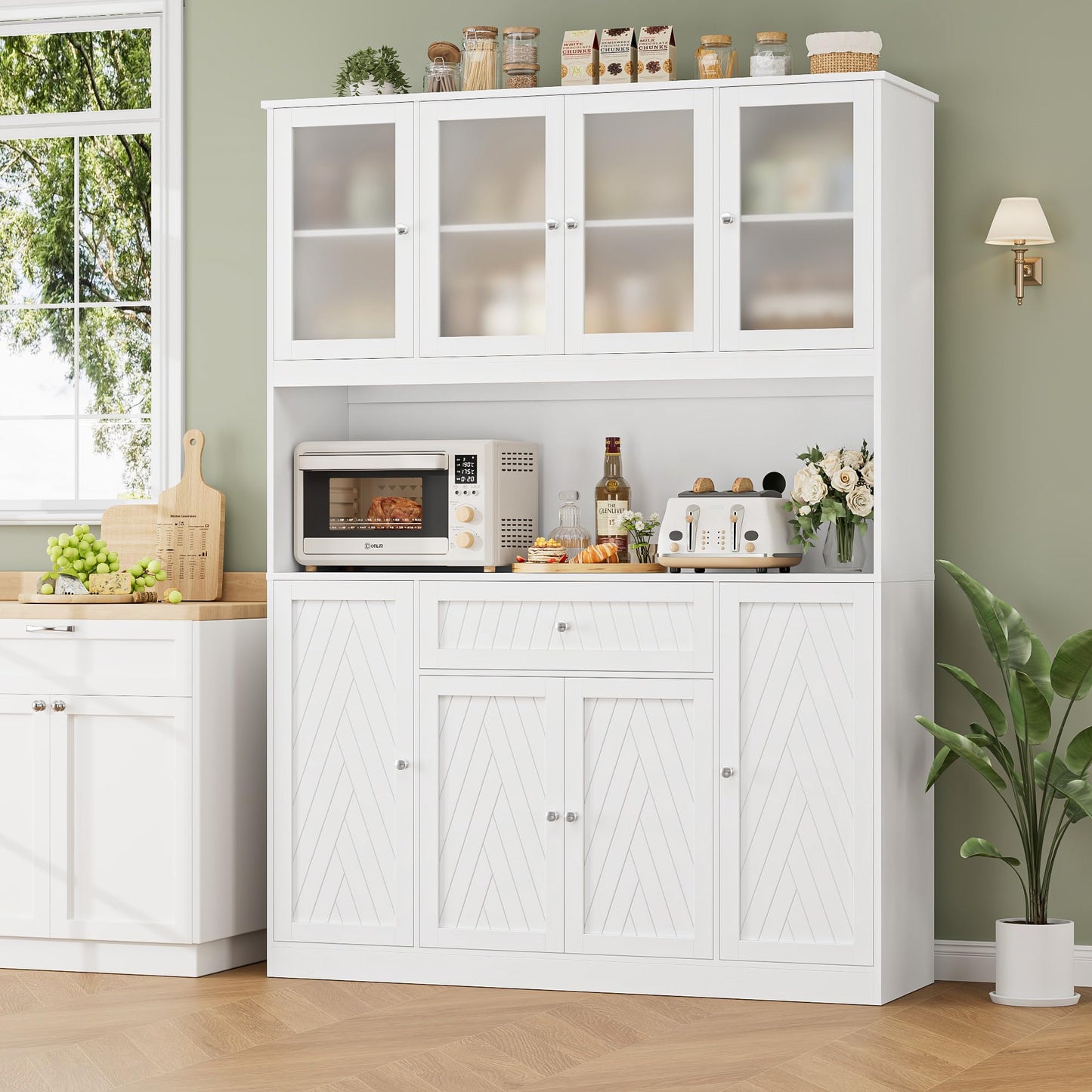 BOTLOG 72" Tall Kitchen Pantry Cabinet, 55.1" Wide Large Kitchen Hutch with Microwave Countertop, Coffee Bar Station with Drawer & Doors, White Freestanding Buffet Cupboard for Dining Room