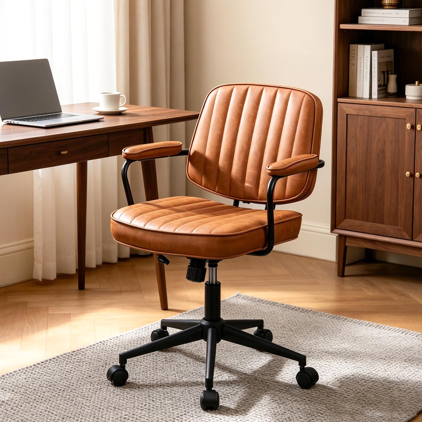 Mid Century Modern Office Chair, Ergonomic PU Leather Desk Chair with Wheels & Arms, Adjustable Swivel Home Office Chair for Bedroom, Study, Small Space, Brown