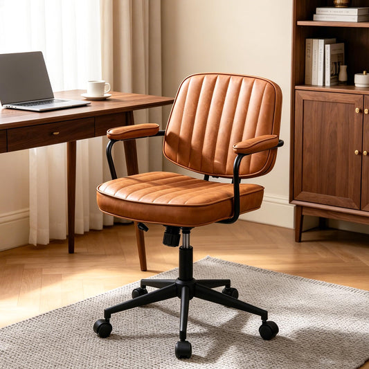 Mid Century Modern Office Chair, Ergonomic PU Leather Desk Chair with Wheels & Arms, Adjustable Swivel Home Office Chair for Bedroom, Study, Small Space, Brown