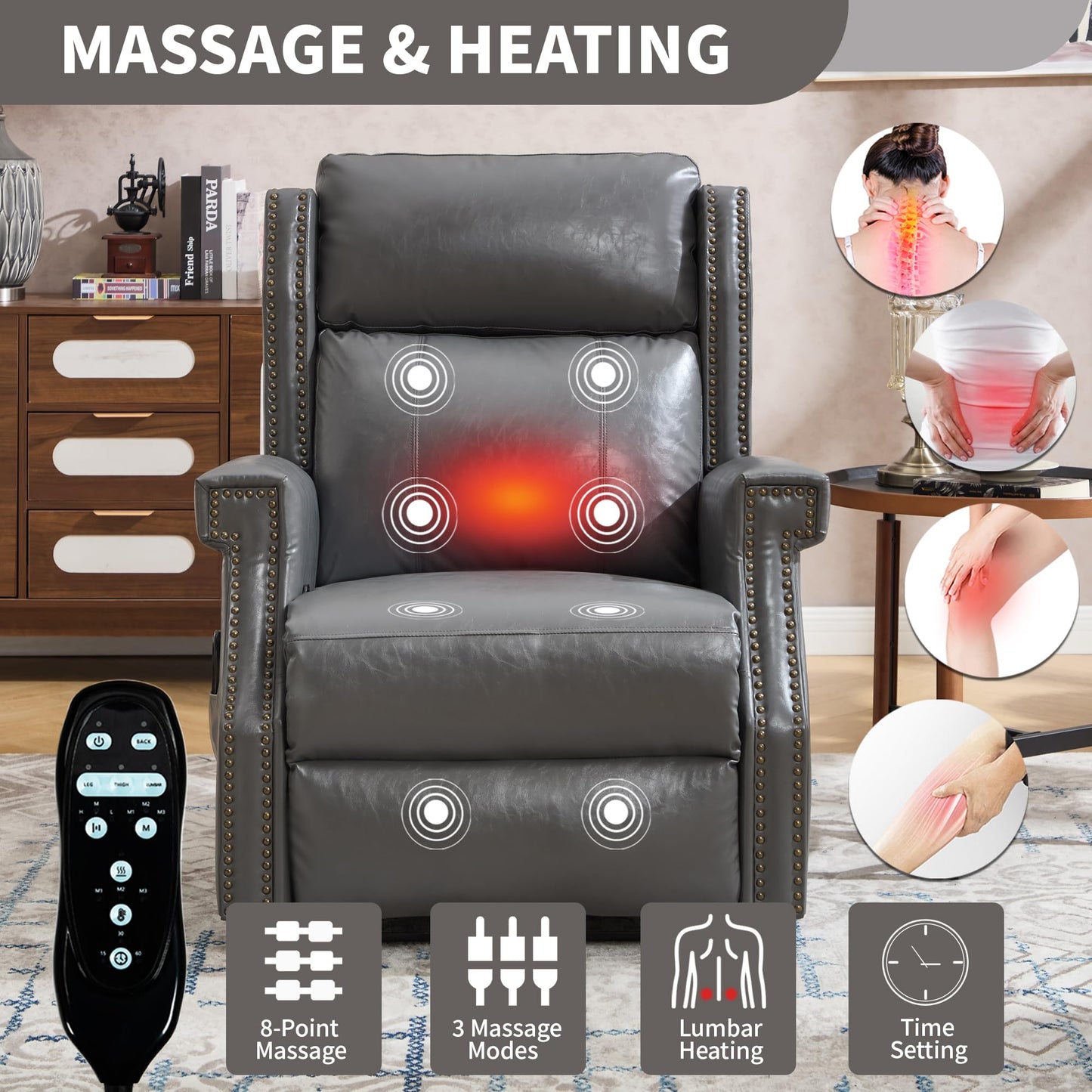 KEIKI Mid Century Modern Oversized Recliner Accent Chair for Adults, Manual Leather Recliner Chair with Back Massager and Heating for Living Room, Comfy Rocking Chairs for Small Spaces, Grey