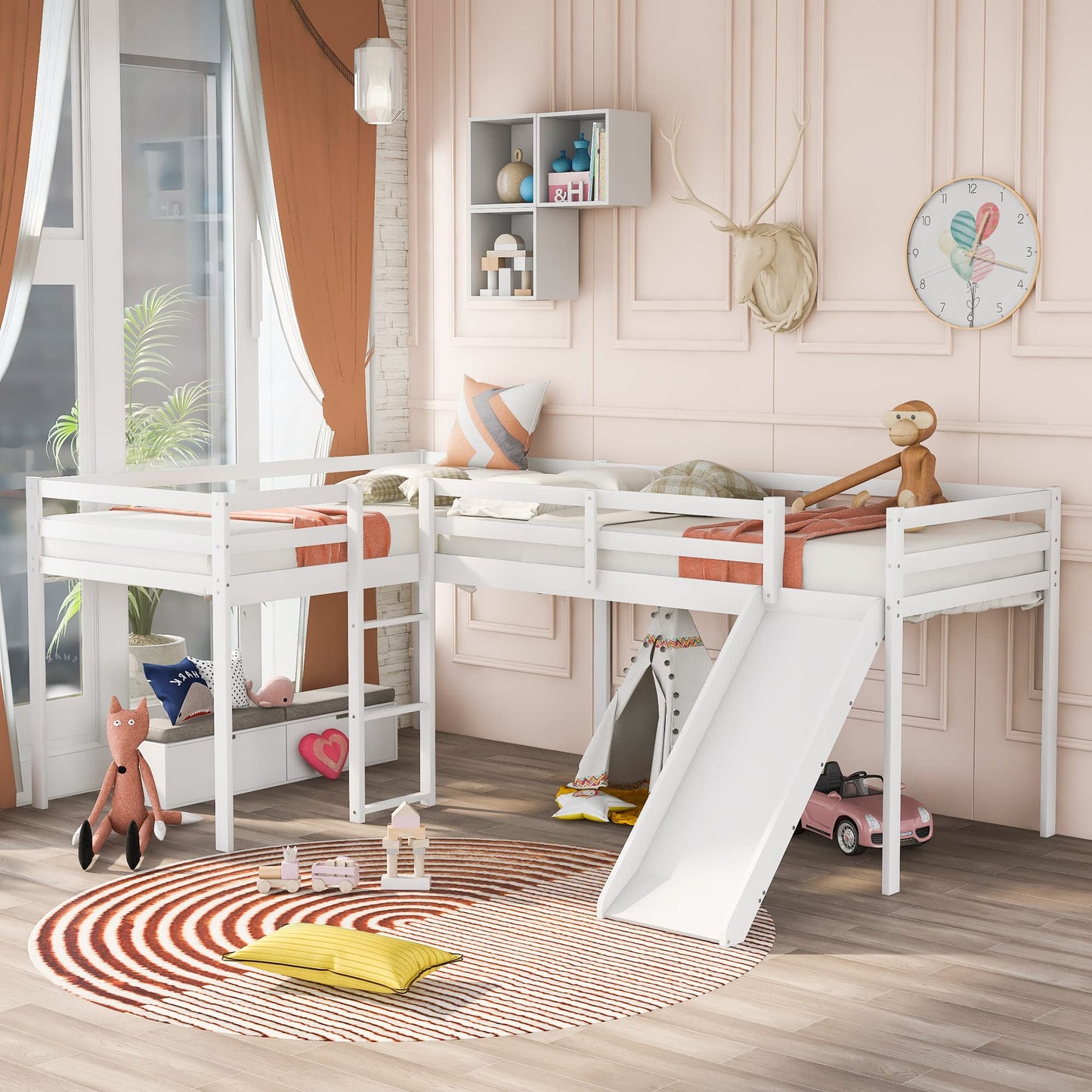 Merax L-Shaped Twin Size Loft Bed with Ladder and Slide, Wooden Double Loft Bed Frame with Full-Length Guardrail, No Box Spring Required