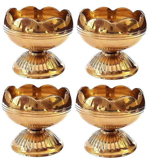CRAFTSMAN Brass Tomato Nanda Diya - Pack of 4, Golden Traditional Oil Lamp for Pooja, Aarti & Home Decoration