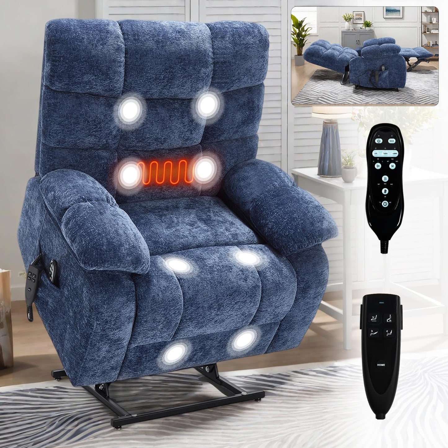 KEIKI Oversized Dual Motor Power Lift Recliner Chair for Elderly, Chenille Upholstery Breathable Rocking Chair with Back Massager and Heated, Relaxation Corner in Living Room Space, Brown