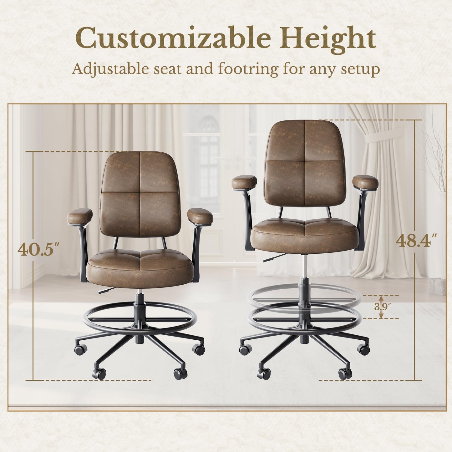 Perledesign Drafting Executive Chair, Tall Office Chair with Padded Flip-Up Armrests, Mid-Back Cushioned Seat, 360° Swivel Rolling Computer Desk Chair for Standing Desk & Home Office, Vintage Brown