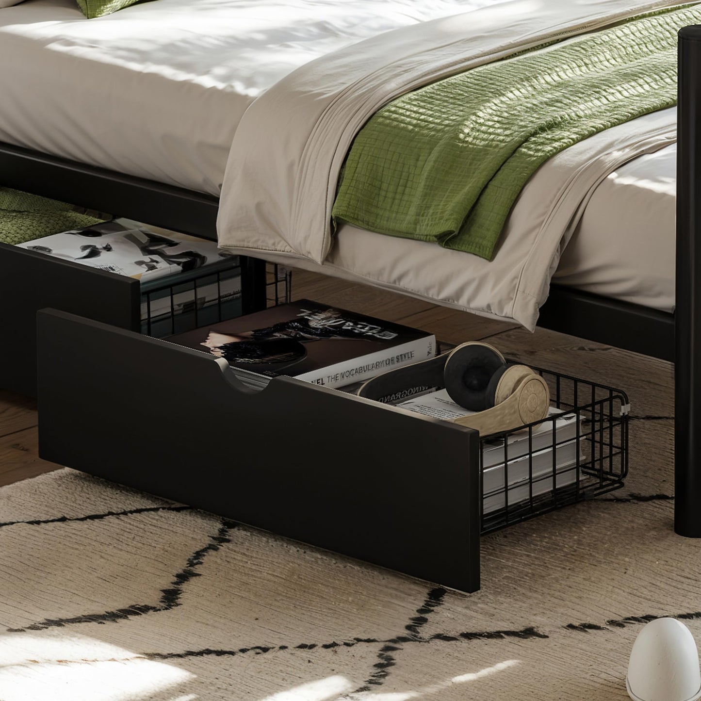DNYN Full Size Metal Daybed Frame with Guardrails and 2 Storage Drawers for Teens Bedroom, Low-Profile Platform Bed with Upgraded Safety Round-Pipe Design, Space-Saving & No Box Spring Needed