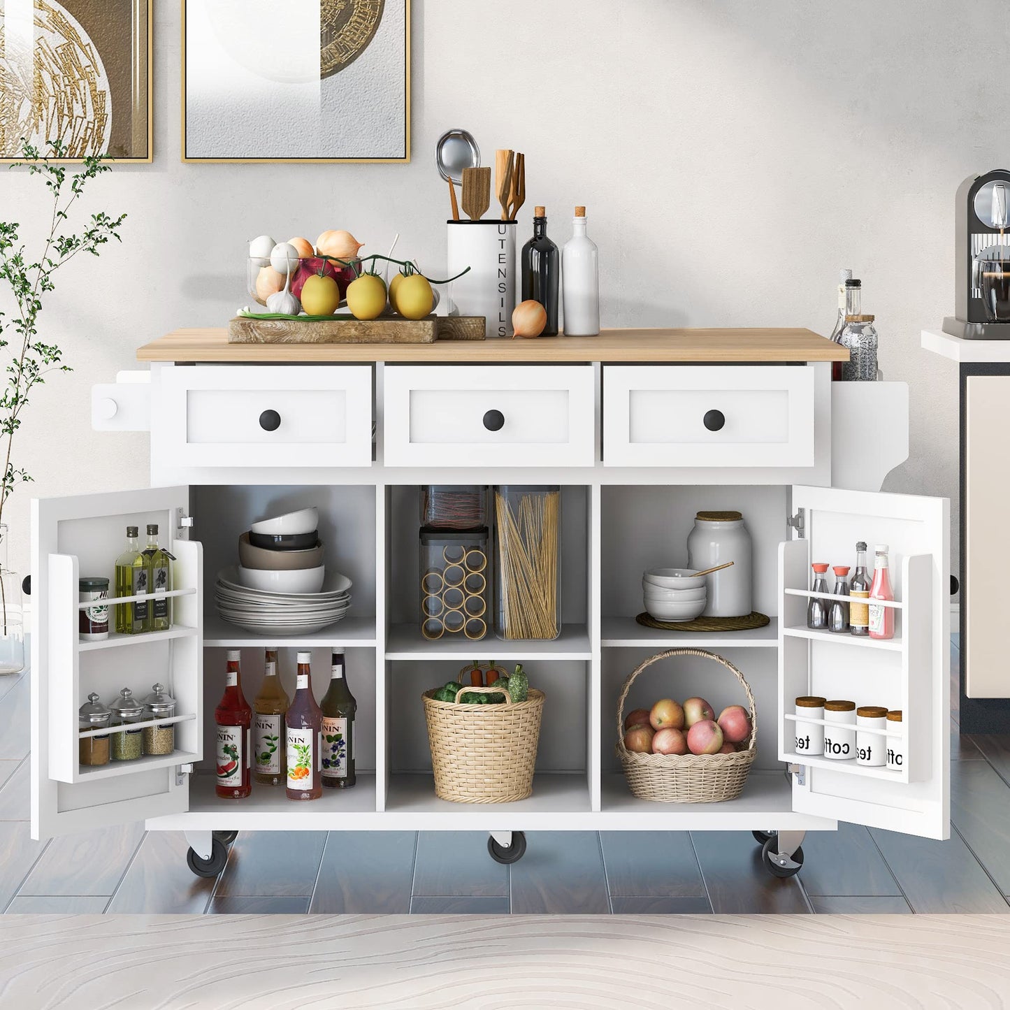 Favfurish Multipurpose Kitchen Cart Cabinet with Rubber Wood Drop-Leaf Countertop,Internal Storage Cabinet Racks W/ 5 Wheels & 3 Drawers for Dining Room, Home,Bar,White