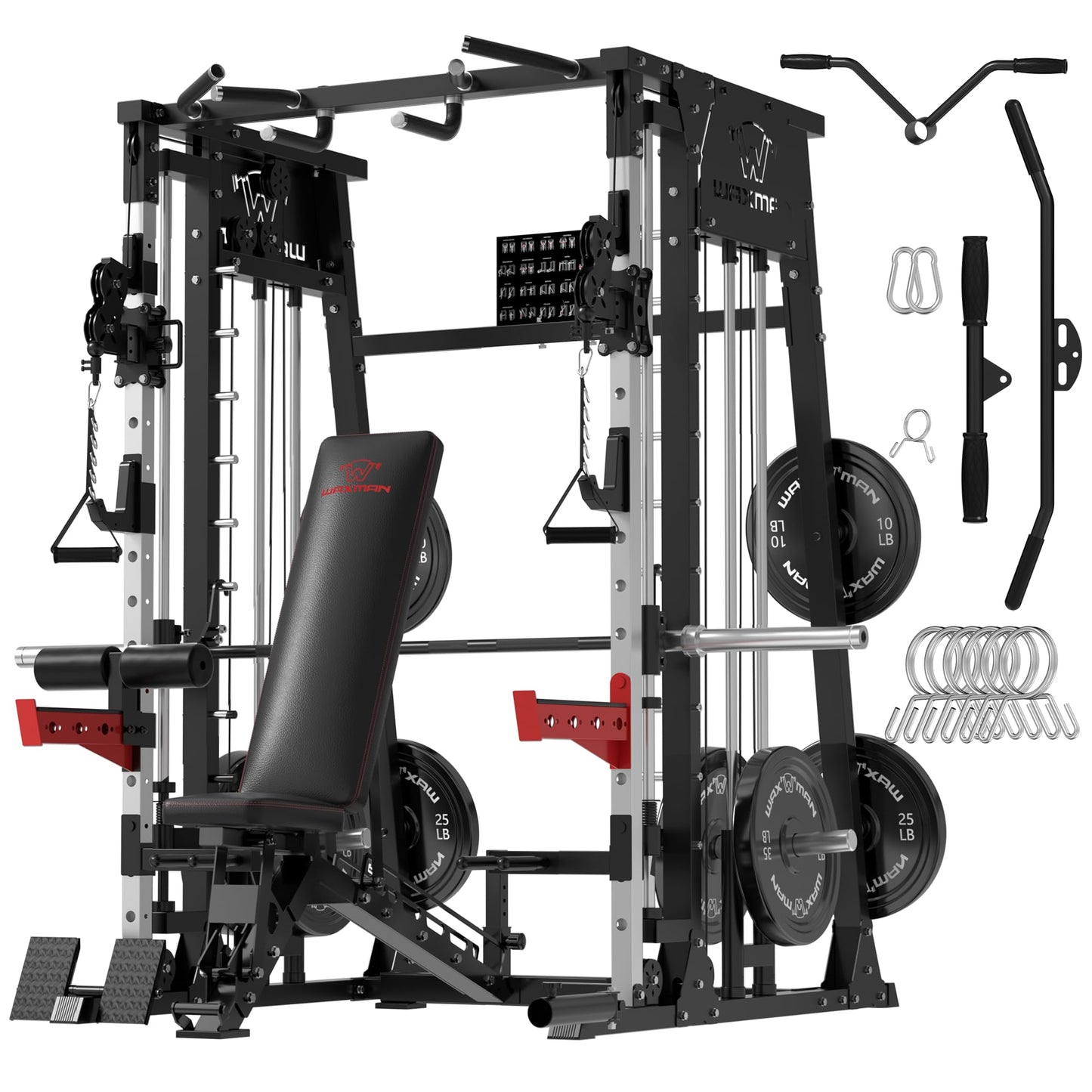 Waxman Smith Machine, 2200lbs Squat Rack with LAT-Pull Down System & Cable Crossover Machine, Training Equipment with Leg Hold-Down Attachment, Garage & Home Gym Package with 340lBS Black Plates