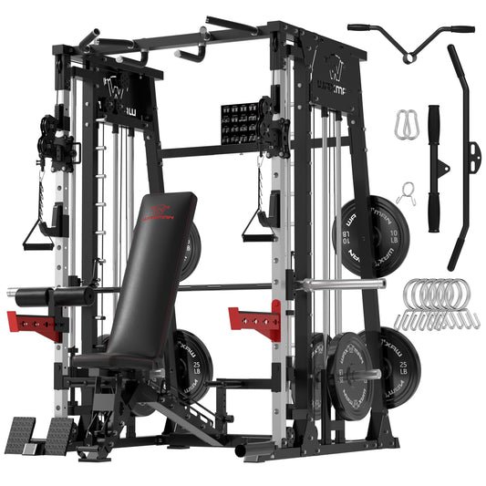 Waxman Smith Machine, 2200lbs Squat Rack with LAT-Pull Down System & Cable Crossover Machine, Training Equipment with Leg Hold-Down Attachment, Garage & Home Gym Package with 340lBS Black Plates