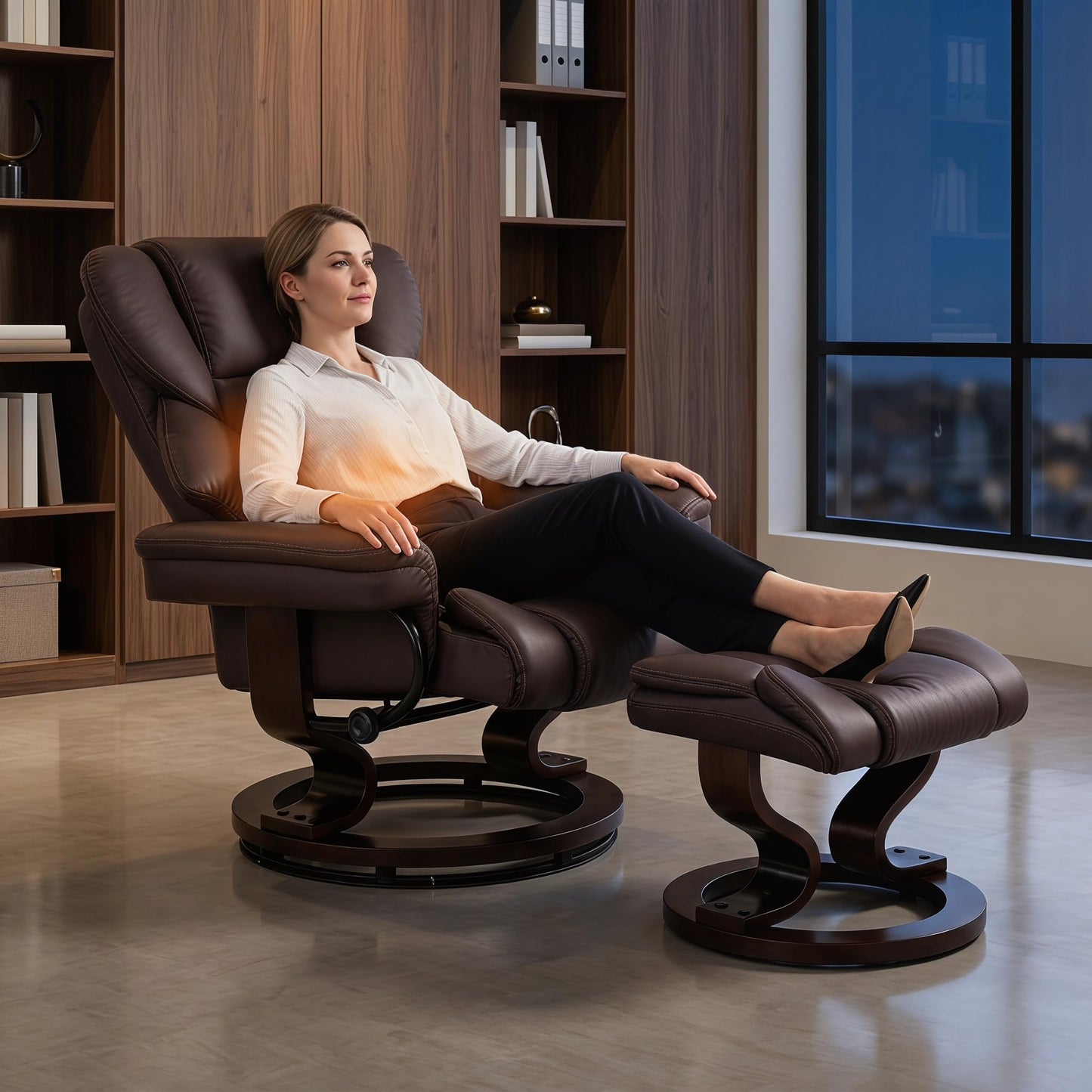 Trygoal Massage Recliner Chair with Ottoman, 360° Swivel Ergonomic Leather Reclining with 8 Vibration & Heating Points, 135° Lounge TV Chair with Bent Wood Base for Living Room and Bedroom, Brown