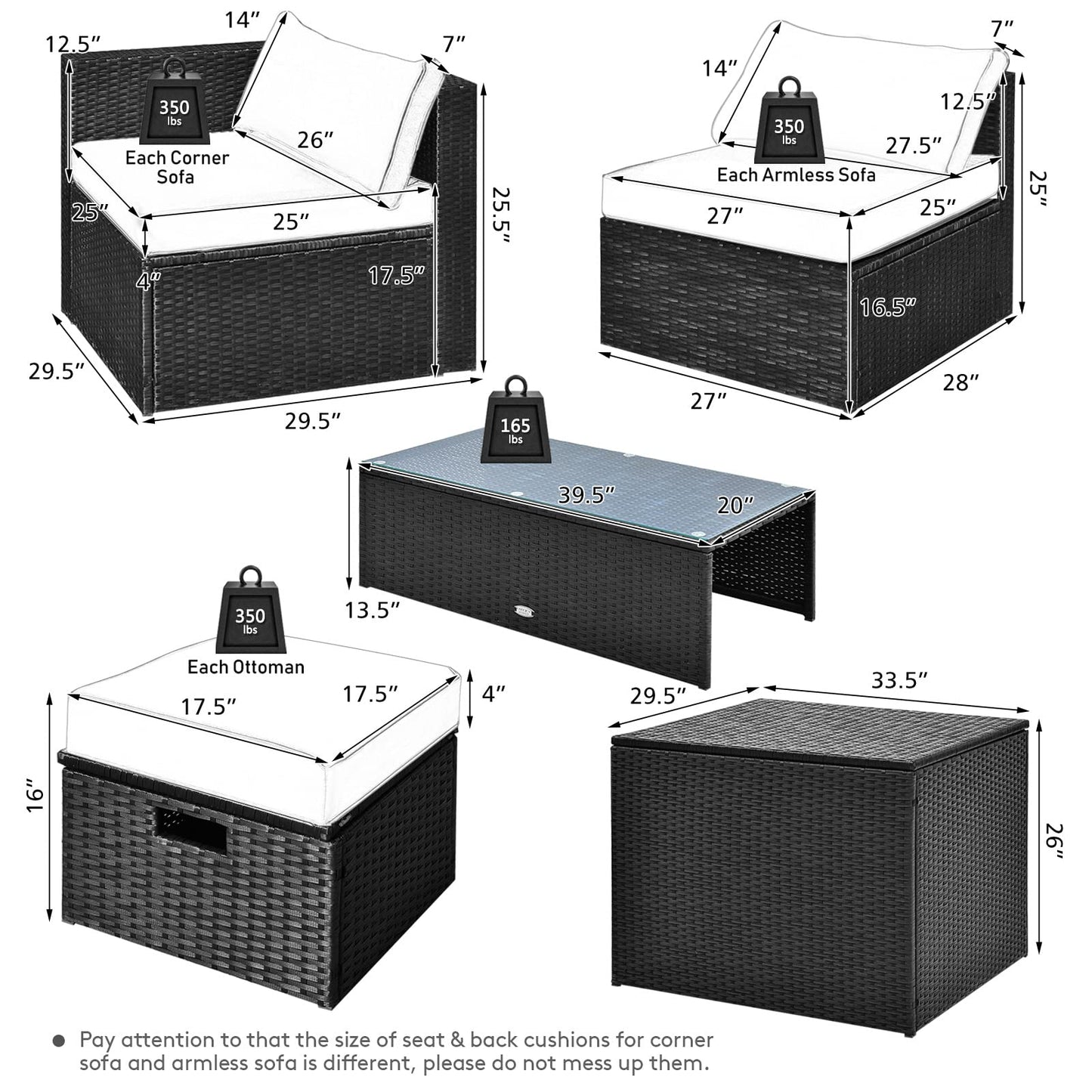 Tangkula 8 Pieces Patio Furniture Set with Waterproof Cover, Patiojoy Space Saving Outdoor PE Rattan Set with Storage Box, Tempered Glass Table, 2 Ottomans, 2 Armless Sofas & Corner Sofas
