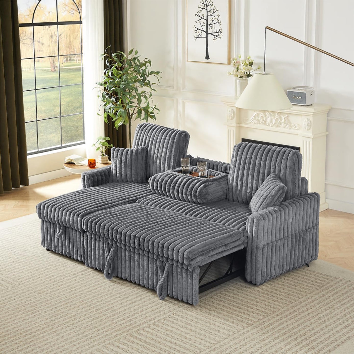 KCGKCG Sleeper Sofa Bed, 81” Pull Out Couch Bed with Reversible Storage Chaise, 3 in 1 L-Shaped Couch with Charging Station, Cup Holder, Side Pocket, Plush Corduroy Couches for Living Room(Light Grey)