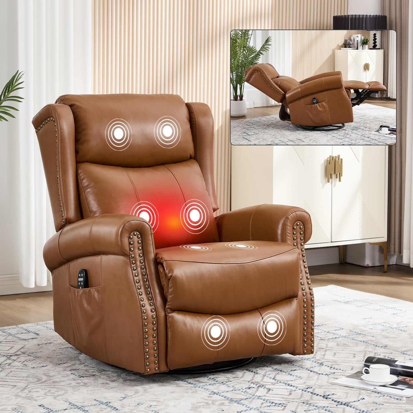 Heat Massage Manual Recliner Chair with Rocking and 360° Swivel Base, Genuine Leather Recliner Chair with Lumbar Heat, 8-Point Vibration Massage, 155° Reclining Living Room Chair, Dark Yellow