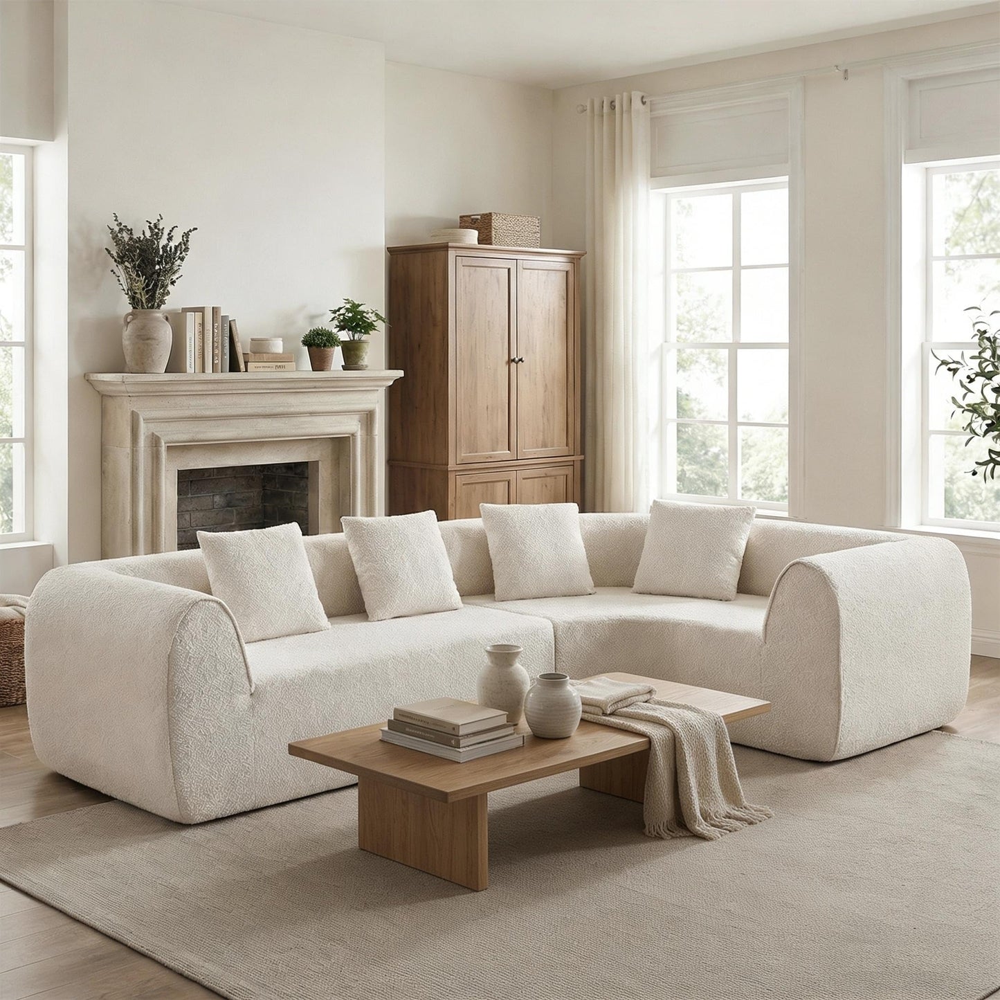 Christopher Knight Home Reiss 110" Curved Modular Sectional Sofa, Comfy Sofa Couch with Chaise Lounge, Modern Cloud Couch with Deep Seat, Fabric Upholstered Set for Living Room Bedroom, Almond