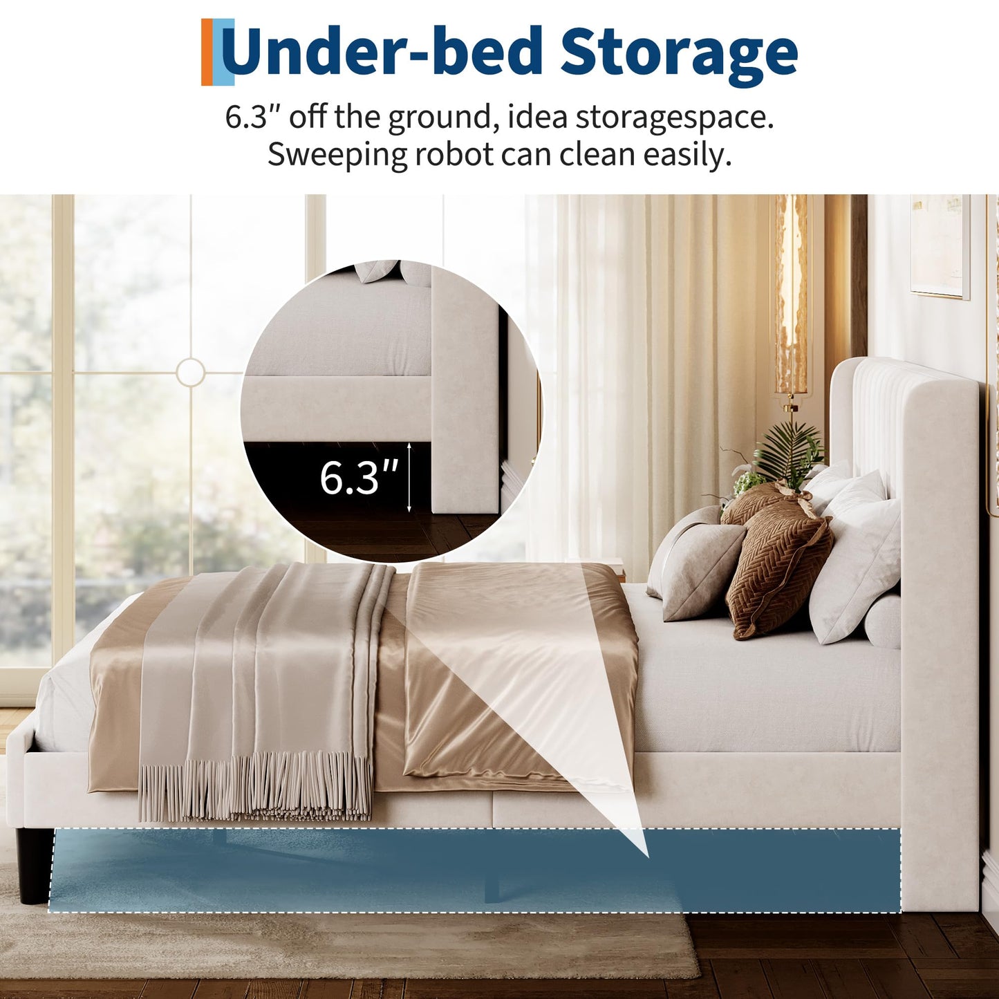 IDEALHOUSE Full Size Velvet Bed Frame/Vertical Channel Tufted Wingback Headboard/Upholstered Platform Bed/Wood Slats/No Box Spring Needed/Easy Assembly/White