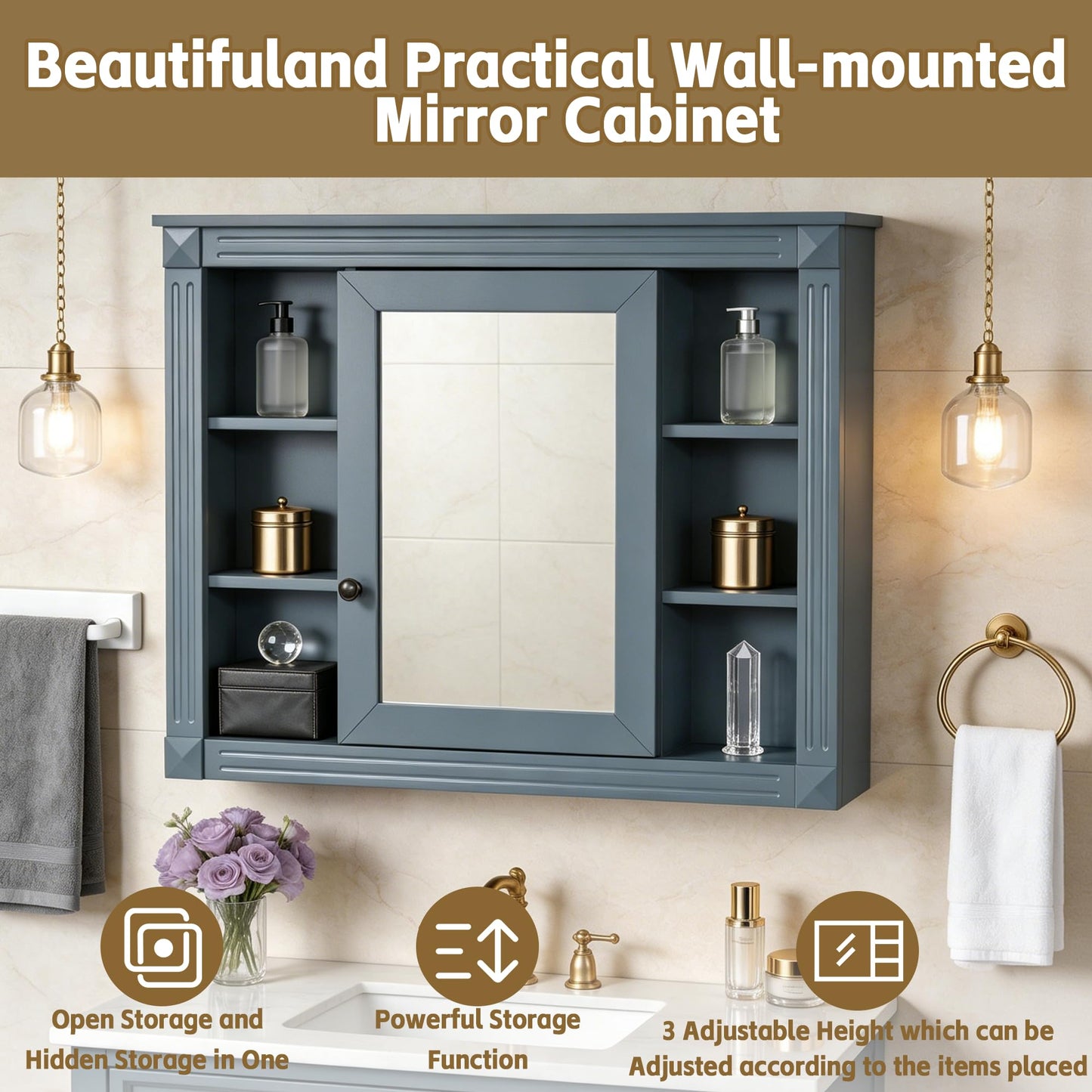 NBEETISM 35 Inch Medicine Cabinet with Mirror, Wall Mount Bathroom Storage Cabinet, Over Toilet Organizer with Adjustable and Open Shelves for Home Decor