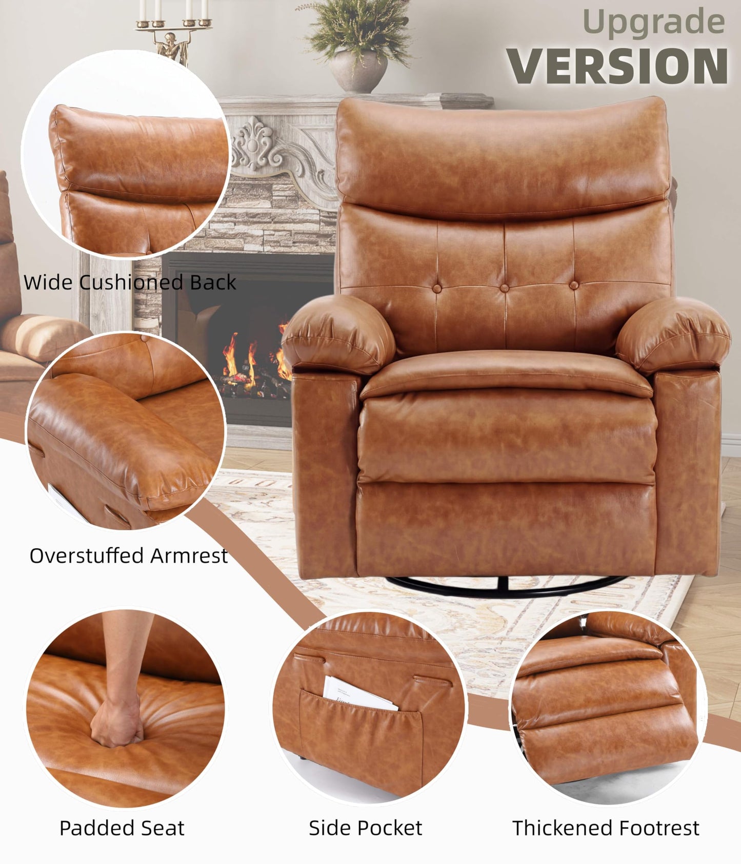 Garvee Oversized Swivel Rocker Recliner Chair - Heat and Massage, Leather Manual Recliner for Adults, Lazy Chair with Comfort Arms and Back Single Sofa for Living Room