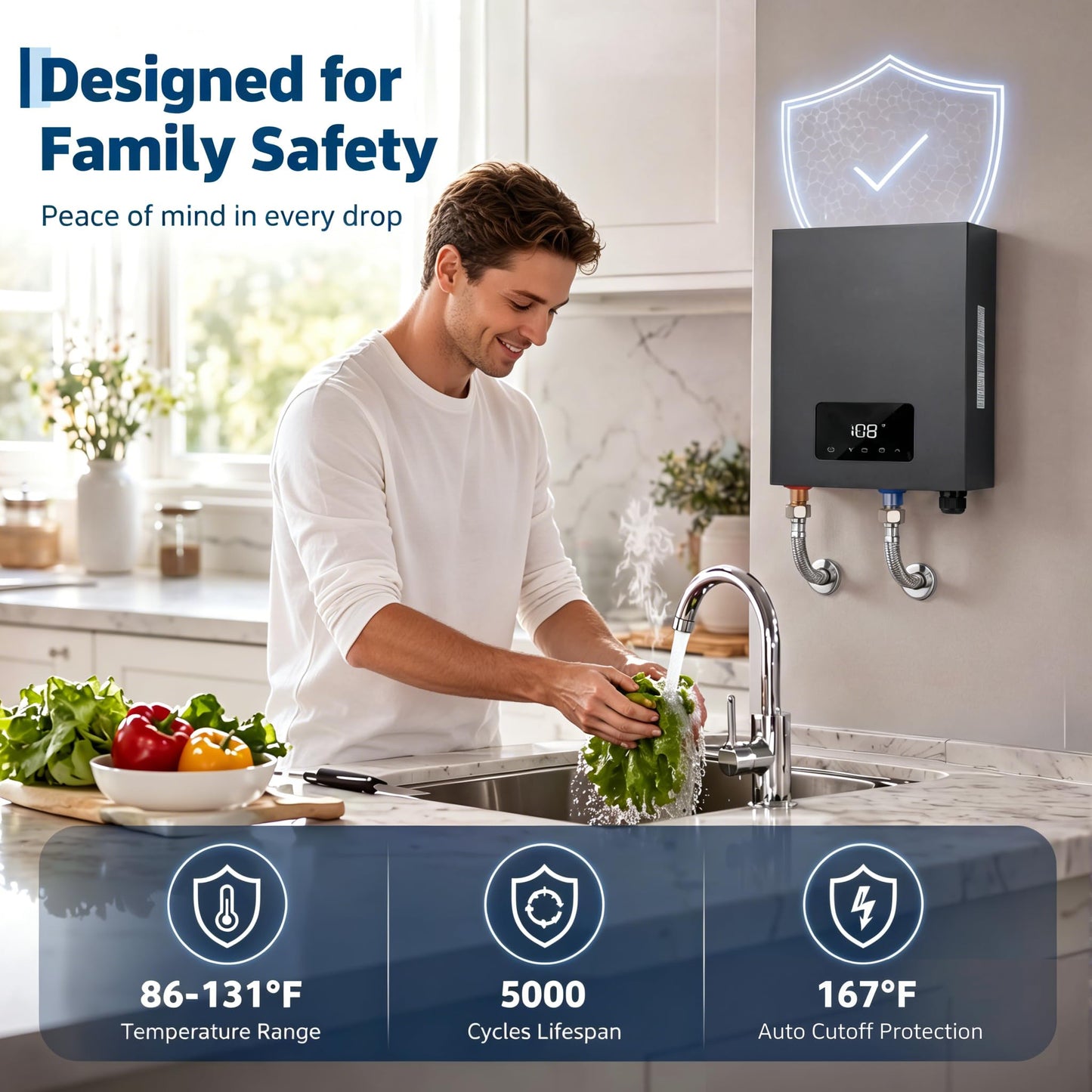 14kW 240V Tankless Water Heater Electric, Instant on-Demand Hot Water Heater with Smart Self-Modulating Technology, Compact Design for Point-of-Use Under Sink, Shower, and Kitchen, Gray