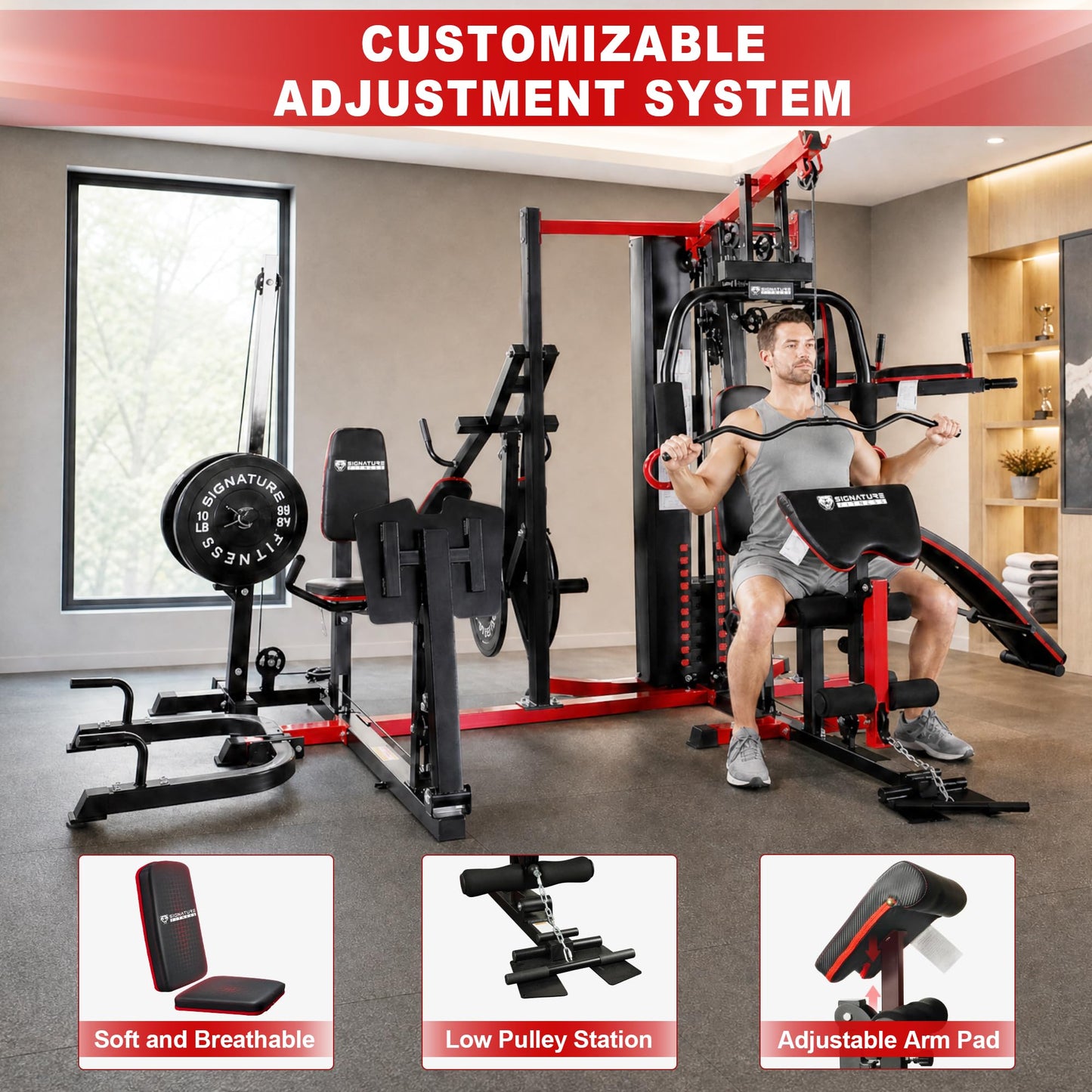 Signature Fitness Multifunctional Home Gym System Workout Station with Leg Extension, Preacher Curl, Pushup, Dip, Situp Stand, Leg Press and Squat Stand, 122.5LB Weight Stack, M950, Steel