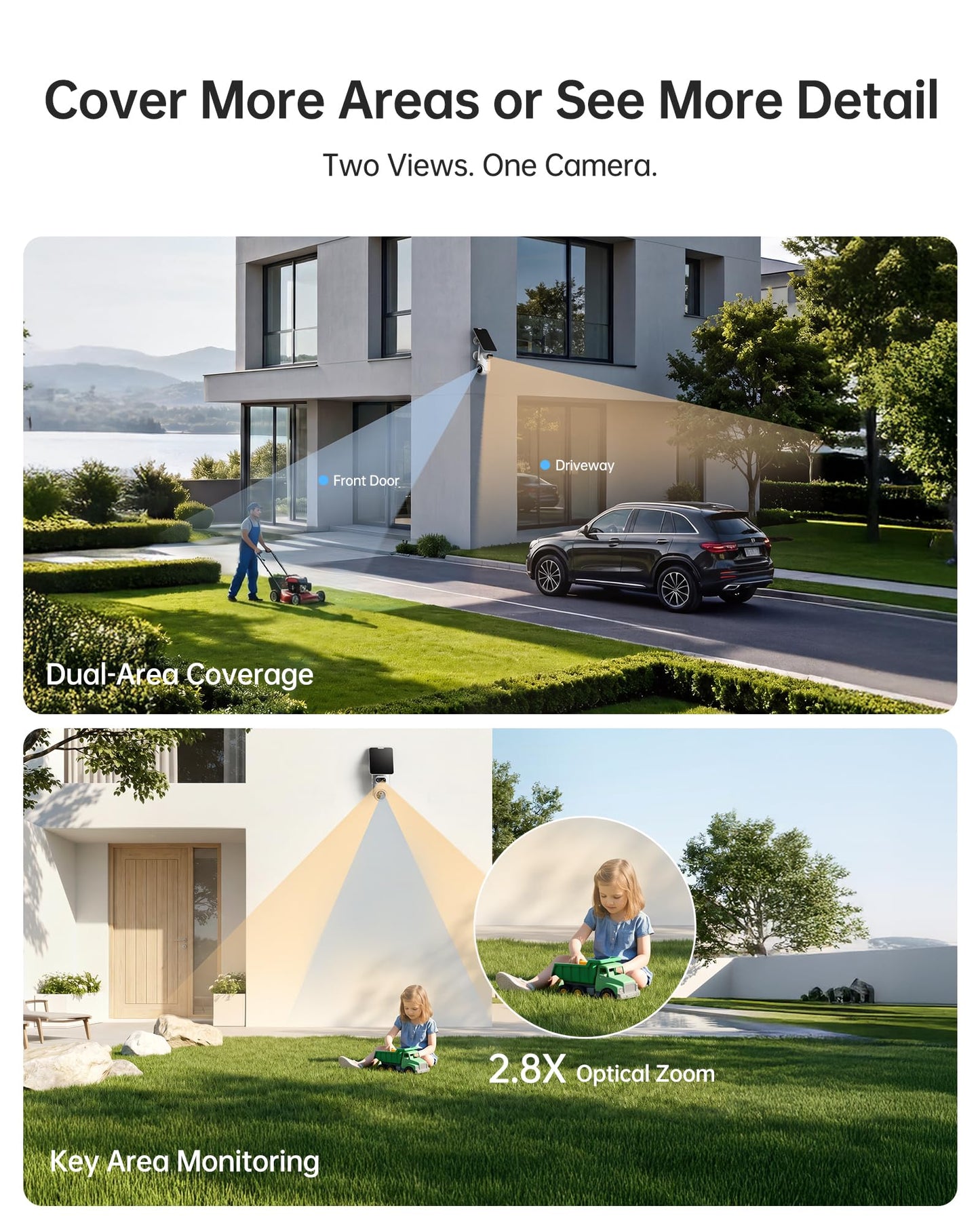 PIOJER Solar Security Camera Wireless Outdoor Dual-Lens 2K(2MP Wide-Angle & 2MP PTZ) Cameras System for Home Color Night Vision 32GB Local Storage PIR AI Human Detection No Subscription Fee 4Pack