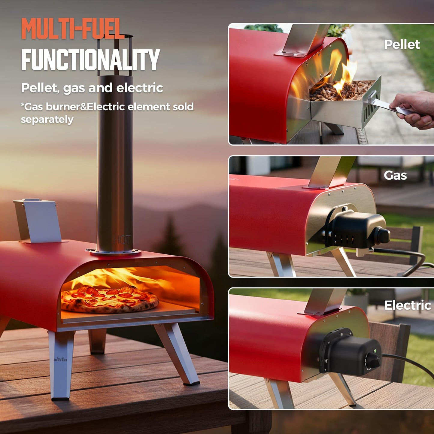 BIG HORN 12" Multi-Fuel Outdoor Pizza Oven Reach up to 1110℉– 3-in-1 Wood,Gas &Electric Compatible (Burners Sold Separately),Pellet Pizza Oven Portable Pizza Maker for Backyard, Camping&Tailgating,Red