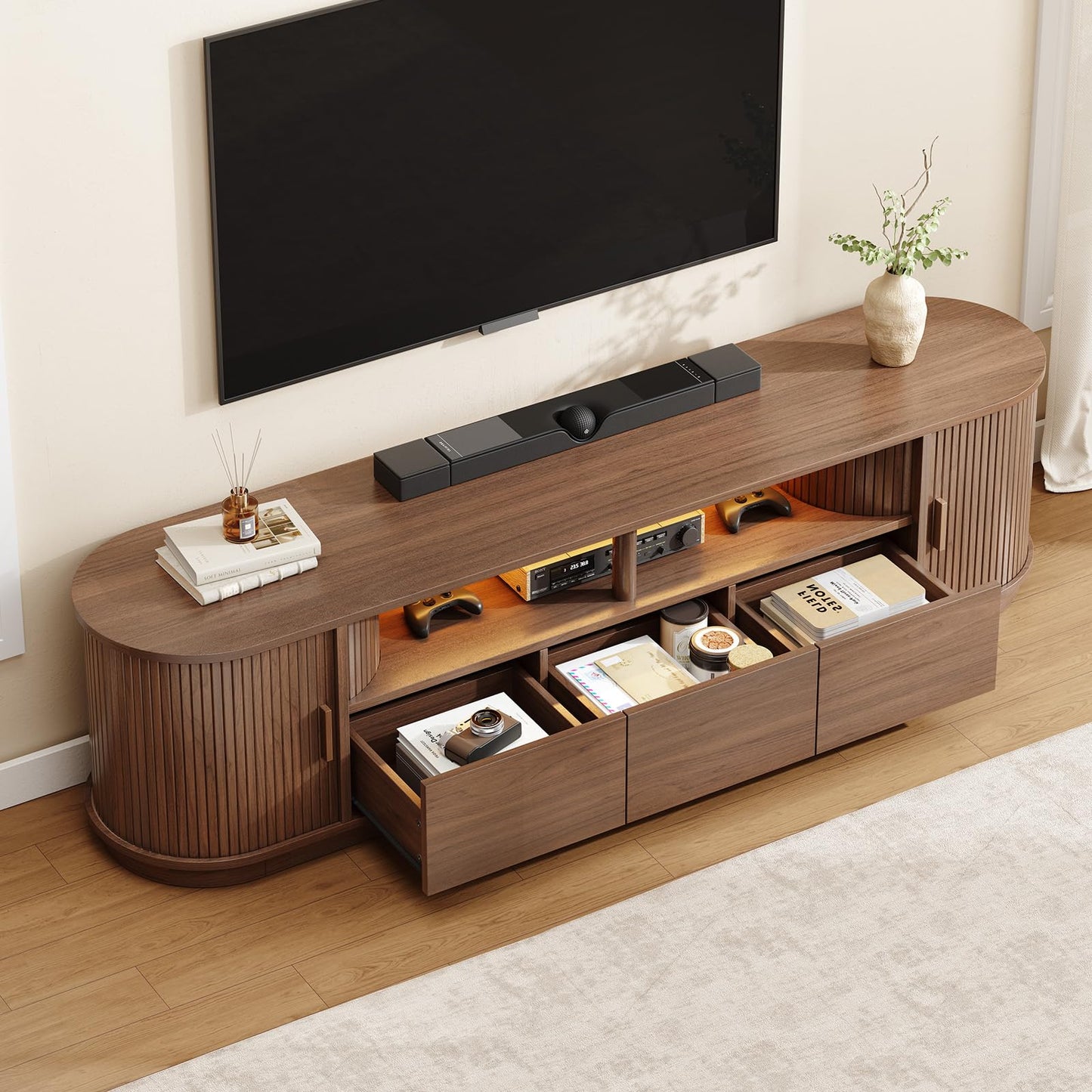 ONBRILL 71" TV Stand with Power Outlet and Led Lights for TVs up to 85", Entertainment Center with 3 Drawers and 1 Open Shelf, Mid-Century Modern TV Console with Sliding Door for Living Room, Walnut