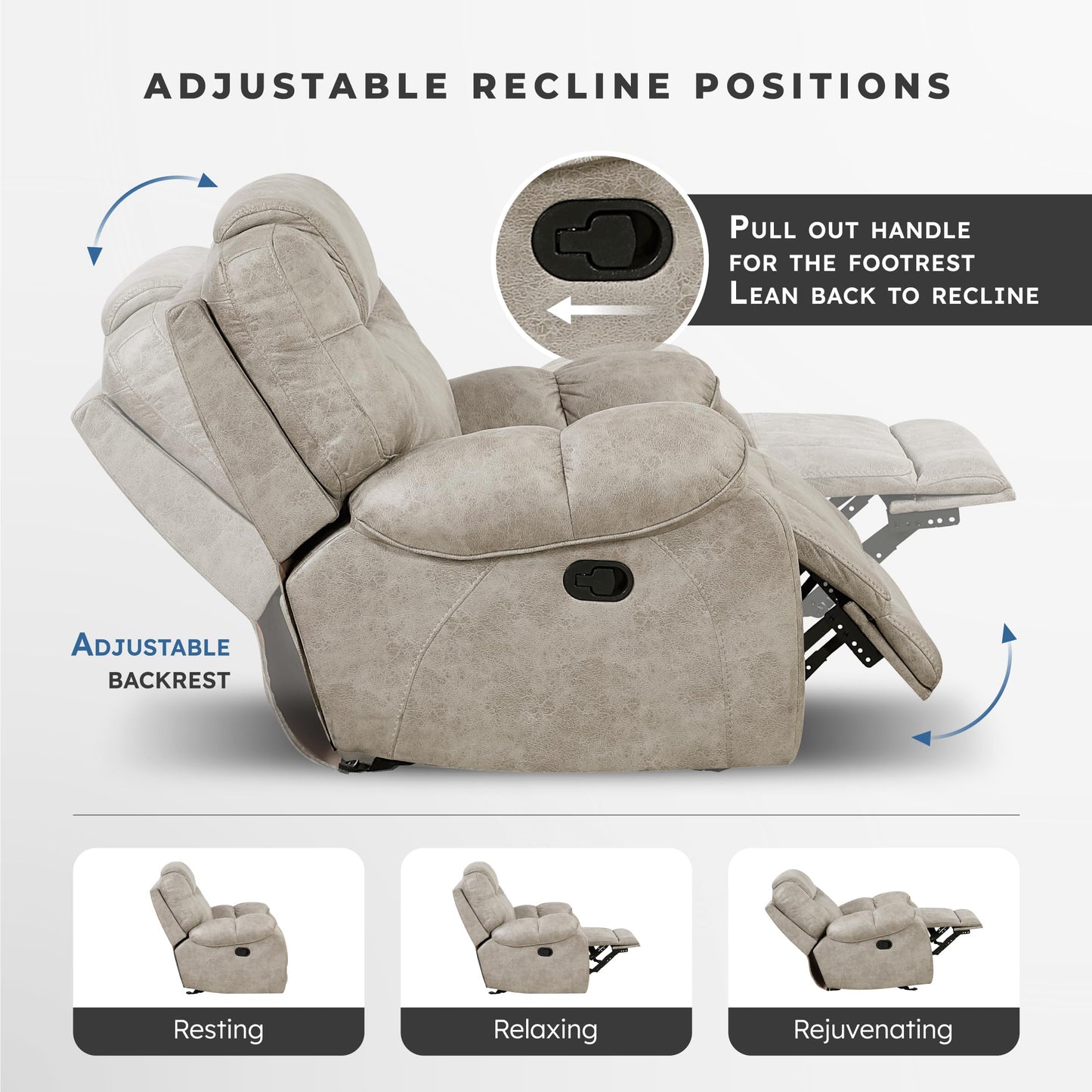 Lexicon Manual Double Reclining Sofa, Polished Microfiber Wall Hugger 3 Seater Manual Tab Pull Sofa Recliner for Living Room, Pillow Top Armrest, Padded Headrest, Easy Assembly, Pewter