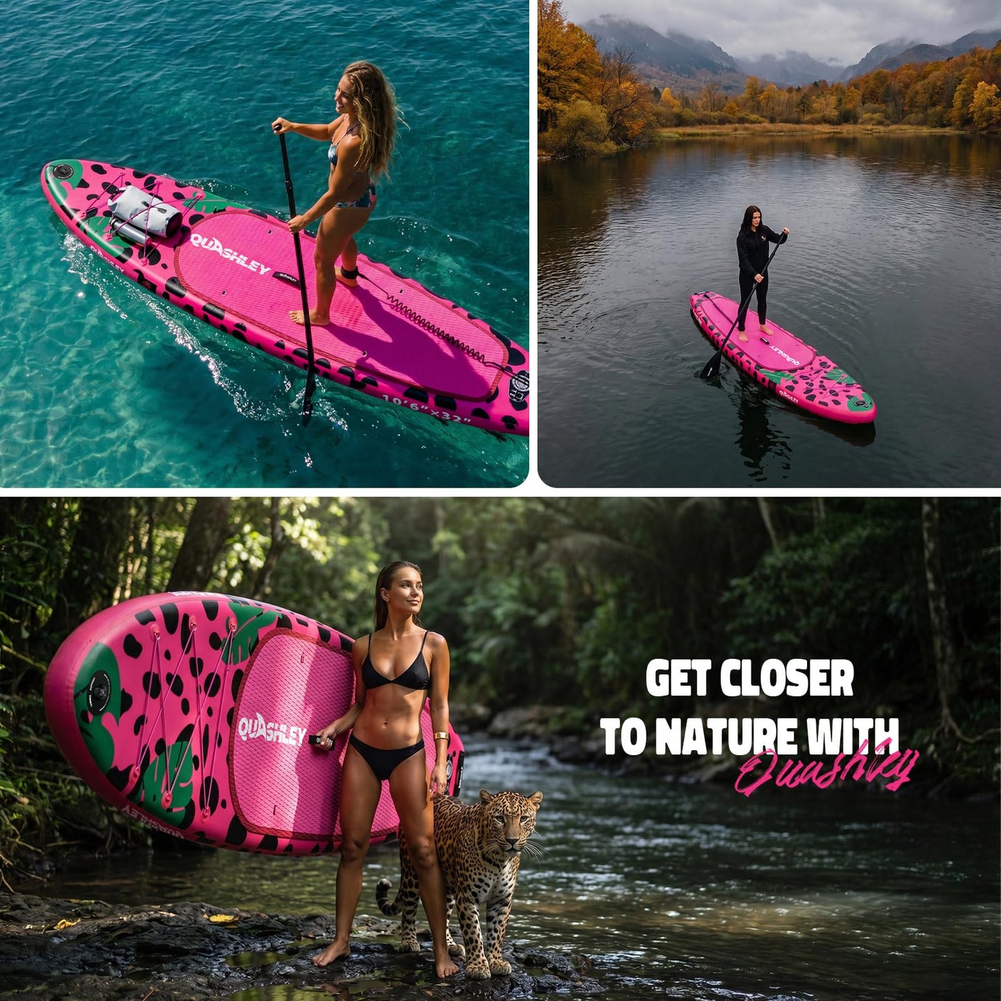 Quashley Inflatable Stand Up Paddle Board with Premium SUP Accessories,Stable Wide Design with Non-Slip EVA Deck for All Skill Levels,Ultra Stable All Around Paddleboard Leopard