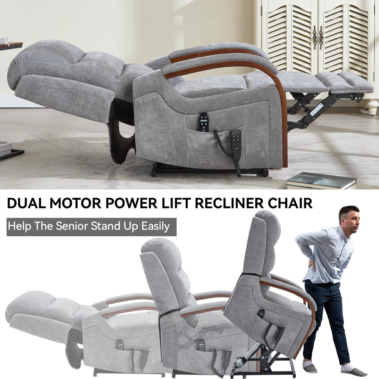 KEIKI Chenille Electric Power Lift Recliner Chair with Heat Massage, Solid Wood Armrests & Timer Function, Elderly Lazy Boy Sofa Seating for Home Theater, Infinite Position, Dual Motor, Up to 350 LBS