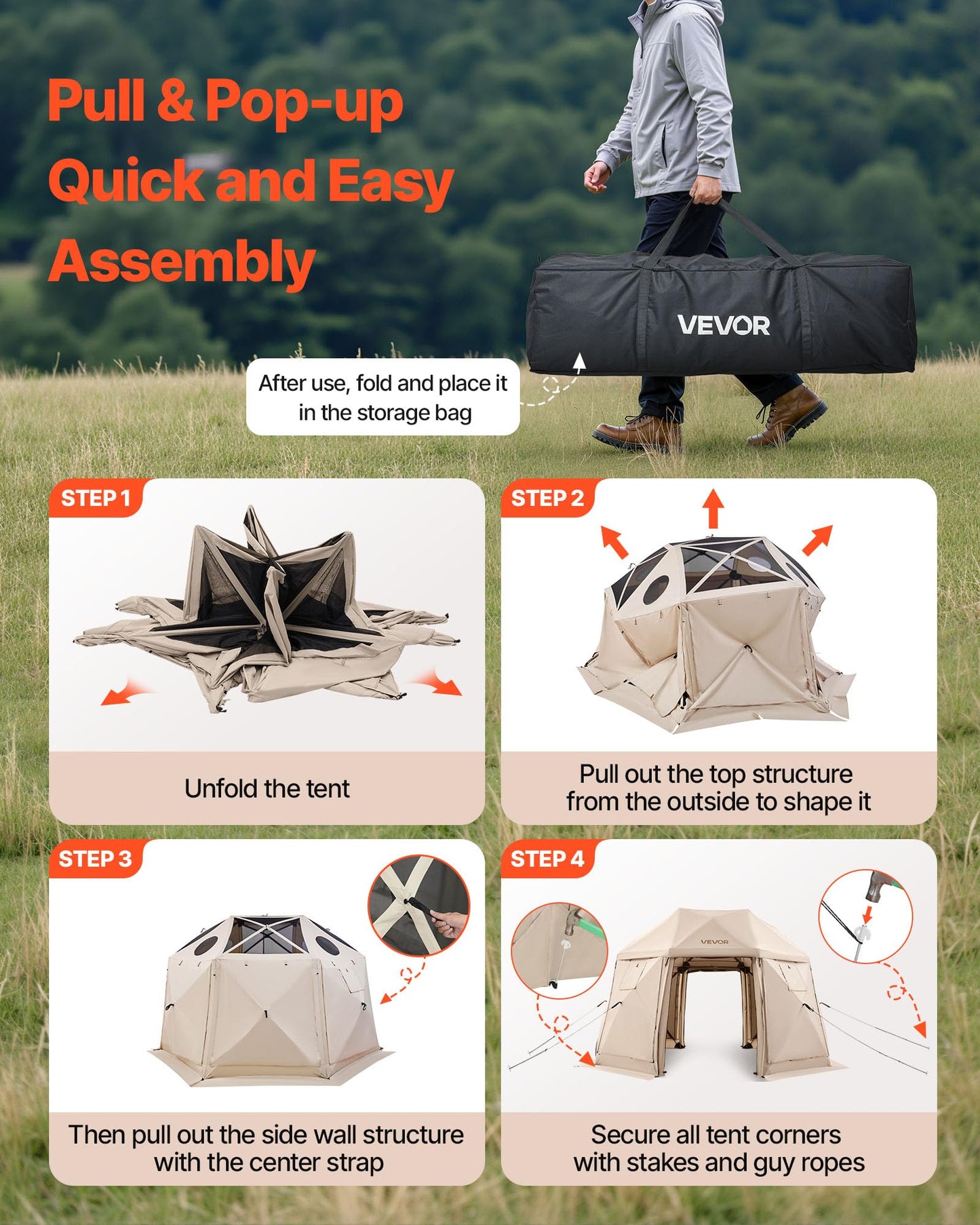 VEVOR Pop Up Gazebo Screen Tent, 12 x 12 ft Large High 13-Sided Camping Canopy Tent with Removable Top & Carry Bag, Quick Set & Bite-Proof Mesh Screen Sun Shelter for 8-10 Persons Backyard Patio