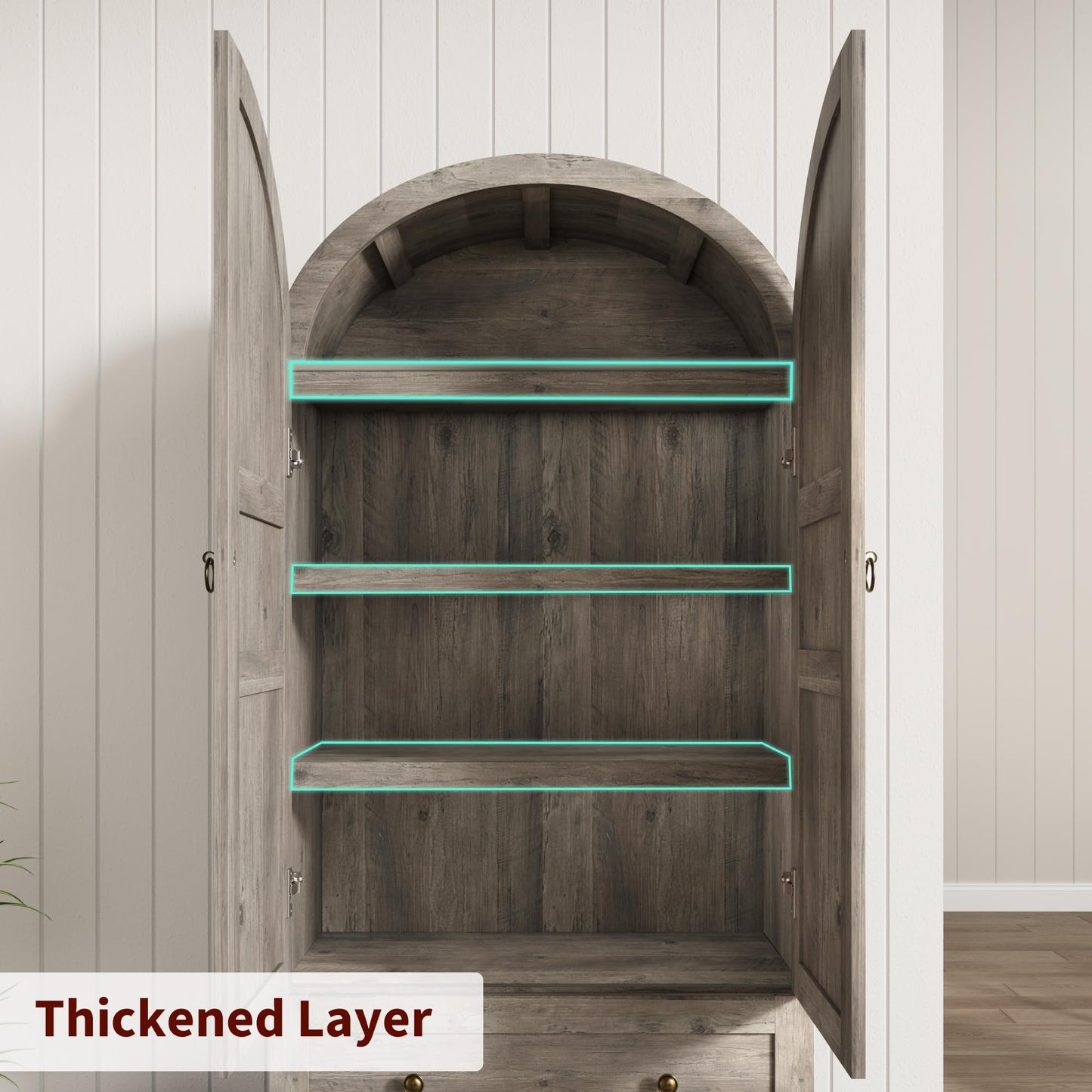 IDEALHOUSE 72" H Arched Kitchen Pantry with 2 Drawers, Farmhouse Wooden Tall Kitchen Storage Cabinet w/ 2 Doors & 3 Shelves, Versatile Freestanding Food Cupboard for Kitchen, Dining Room, Rustic Gray