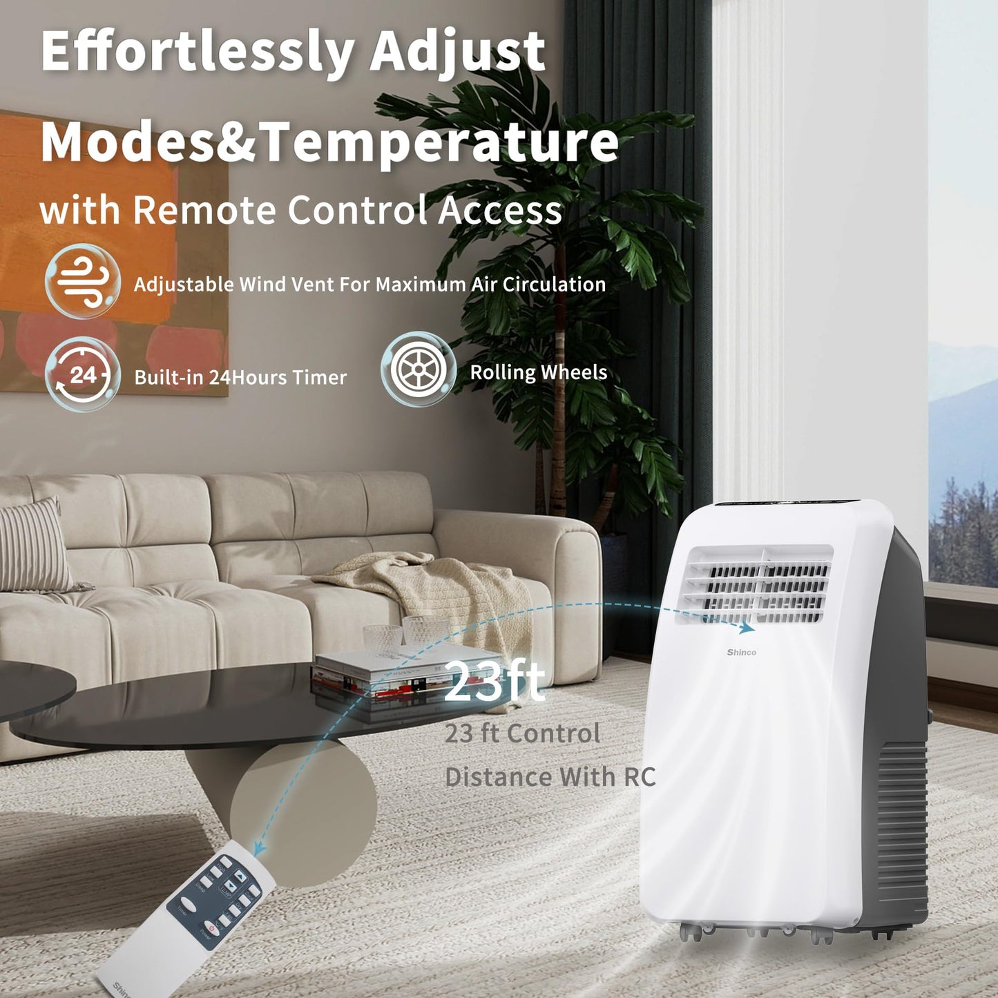 Shinco 8,000 BTU Portable Air Conditioner - 3-in-1 Cool/Dehumidifier/Fan for Rooms Up to 350 sq.ft, Remote Control & 24H Timer, Compact AC Unit for Bedroom/Office