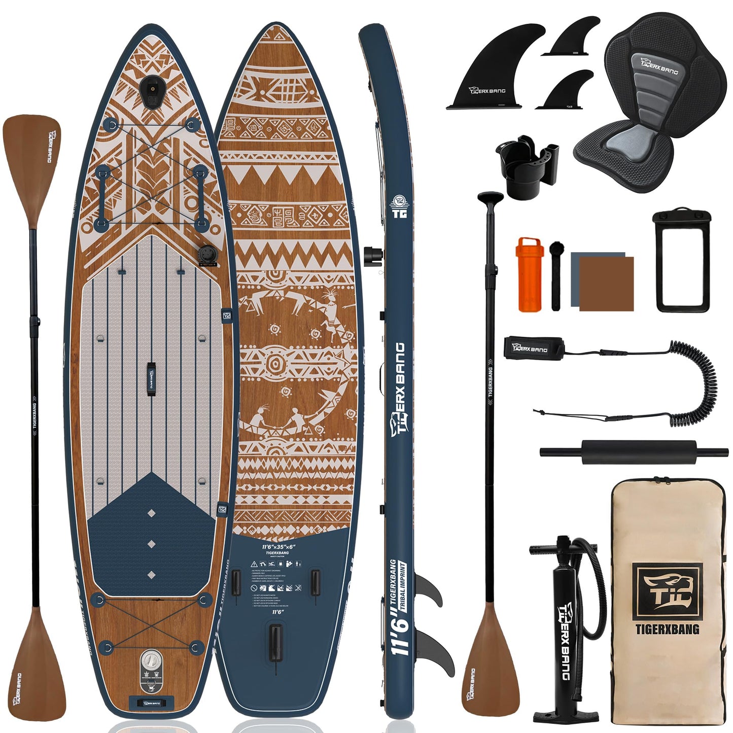 TIGERXBANG Inflatable Stand Up Paddle Board, 11'6" x 35" x 6", Tribal Joy Design, SUP for 3 People, Ideal for Leisure, Touring & Adventure