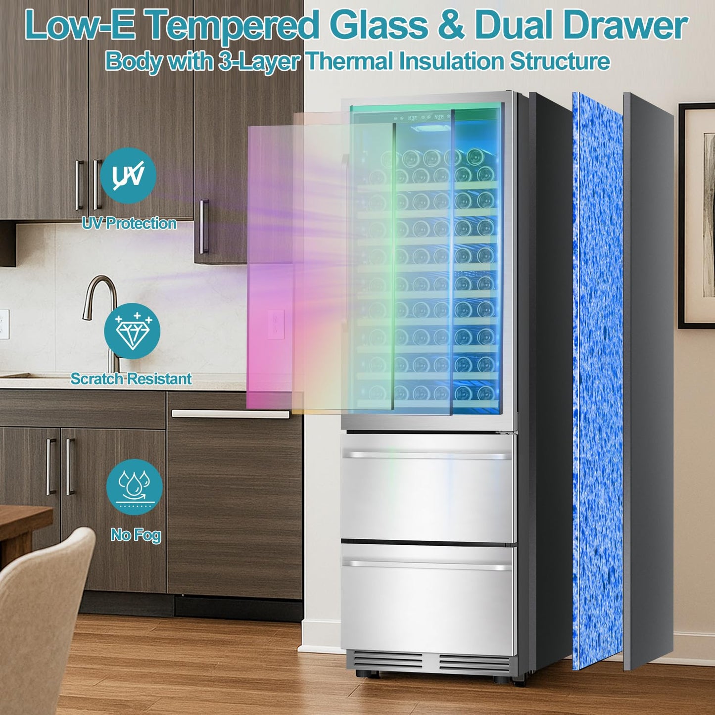 Tylza Wine and Beverage Refrigerator, 24'' Dual Zone Wine Fridge with Dual Drawers, Holds 160 Cans and 120 Bottles, Reversible Door, Built-In or Freestanding, Beverage Fridge for Home or Commercial