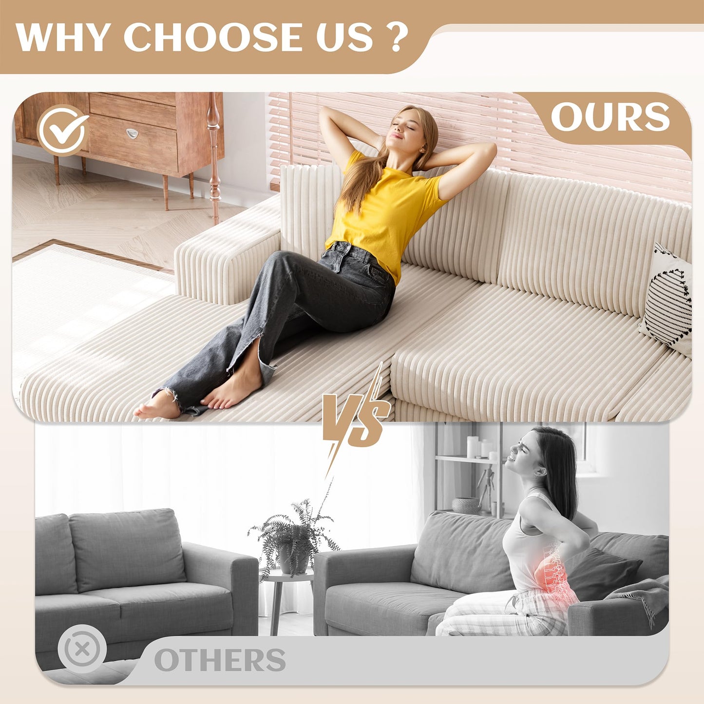Vongrasig 105" Boneless Couches for Living Room, Sectional Couches Modular Sofa with L-Shaped Chaise, Memory Foam Comfy Cloud Couch with Plush Corduroy Fabric, No Assembly Required, (Beige)