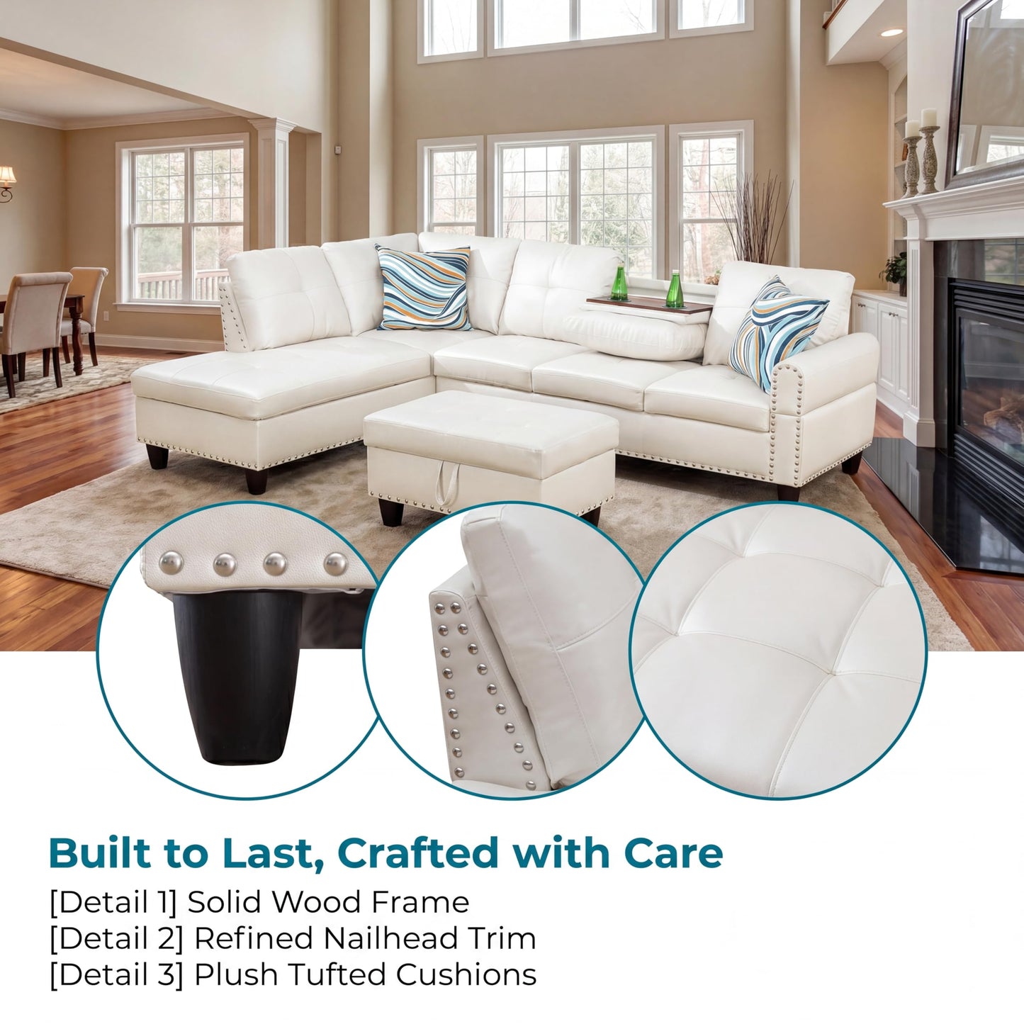 Topcomfy Leather L Shaped Sectional Couches for Living Room - 97.5“ x 69.5" Modular Sectional Sofa with Storage Ottoman, 4 Seat Home Sofa Living Room Furniture Sets with Chaise for Apartment, White