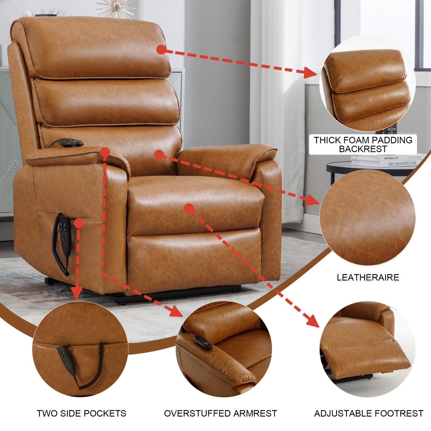 RHHVVR Oversized Power Lift Recliner Chair for Elderly, 180° Flat Lay Zero Gravity Electric Sofa with 8-Point Massage and Lumbar Heat, Breathable Leatheraire, Adjustable Footrest