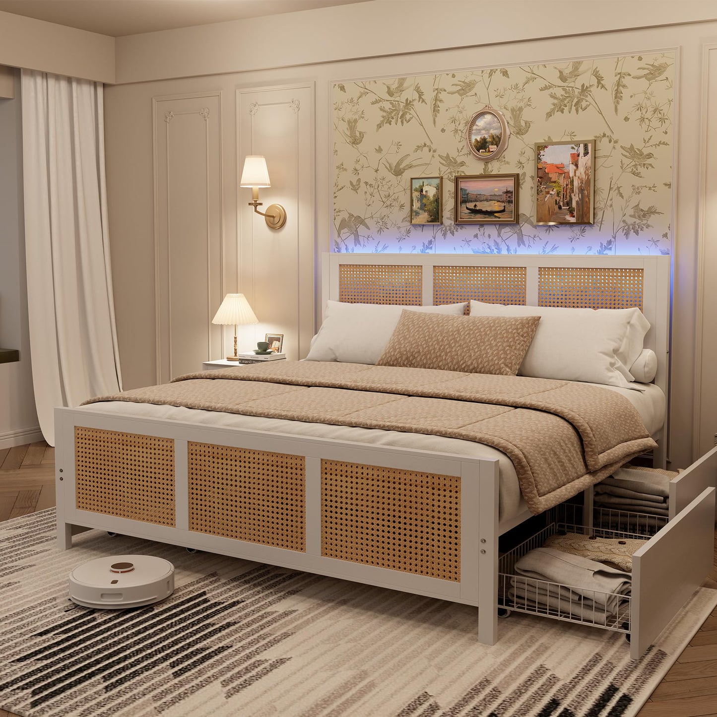 Garvee Rattan Full Bed Frame with LED Headboard (7 Colors), Boho Cane Platform Bed with 4 Large Drawers, Strong Metal Slats Support, Noise Free, No Box Spring Needed, Easy Assembly, White