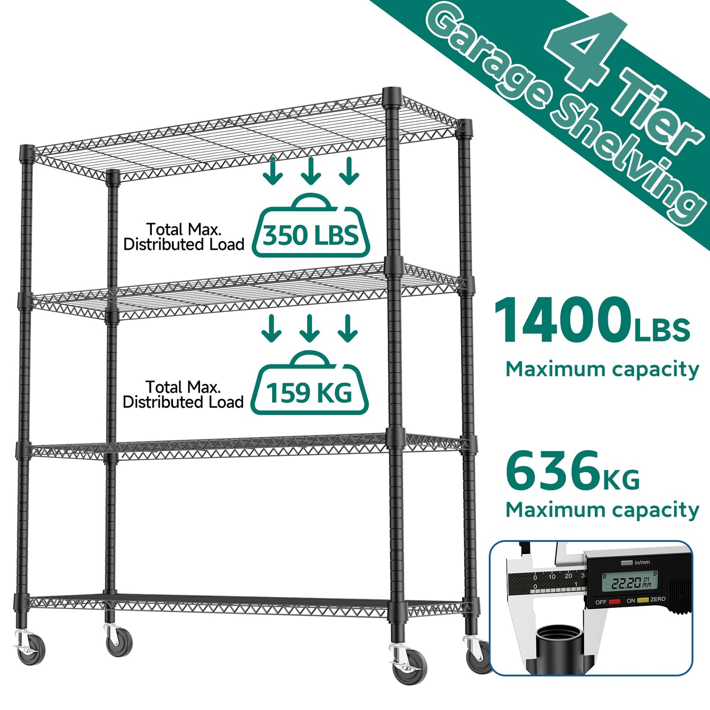 M MZG 1400LBS 47.2" W 4 Tiers Storage Shelves Metal Shelving Unit with Wheels Heavy Duty Garage Shelving Adjustable Wire Shelves for Pantry,Kitchen,Garage,Basement,Black 17.7" D x 47.2" W x 62.7" H