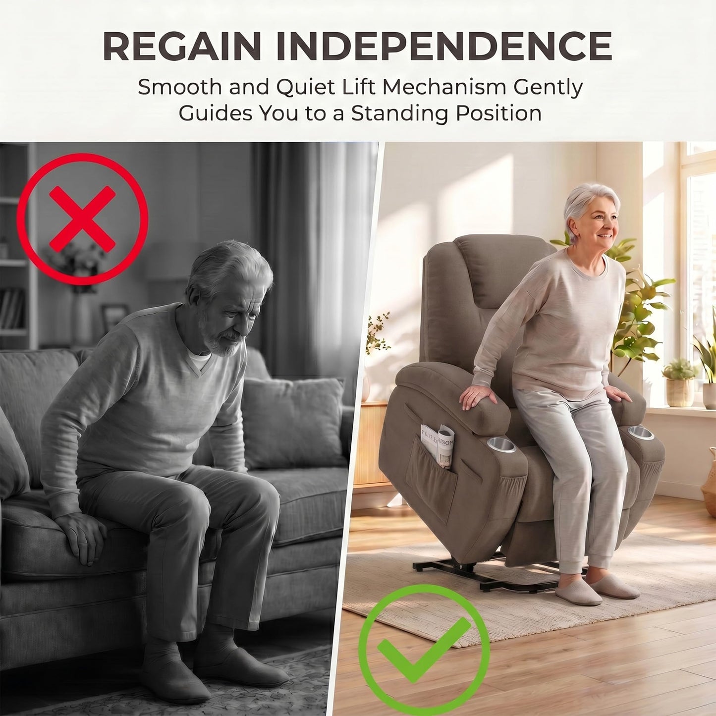 Flamaker Power Lift Chair Massage Recliner Chairs for Elderly - Ergonomic Design with Cup Holders & Side Pockets, Remote Control (Dark Brown)