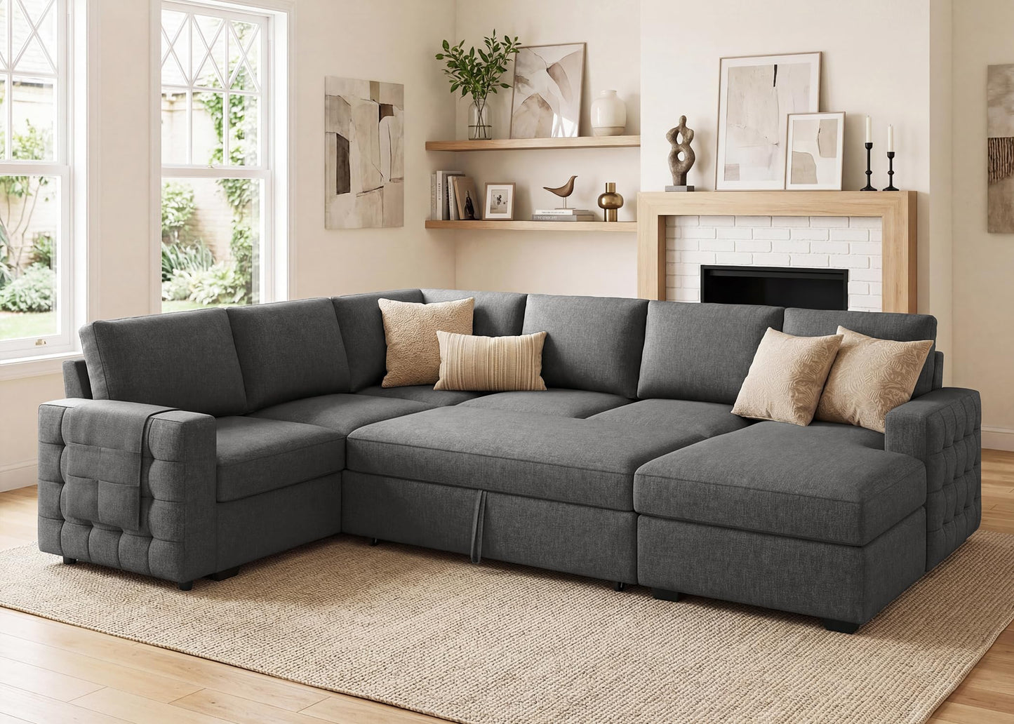HONBAY Sectional Sleeper Sofa with Pull Out Bed U-Shape Sectional Couch Sleeper Bed with Storage Chaise 6 Seater Sleeper Sectional Sofa, Light Grey