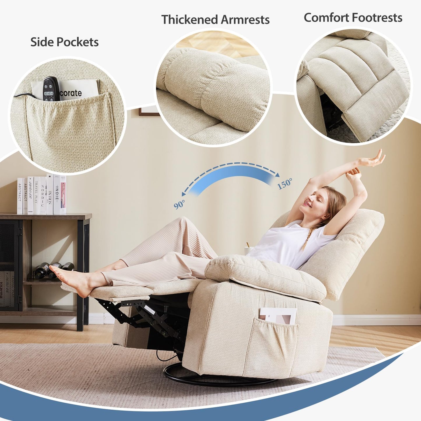 HAPPYMONT Recliner Chair, Durable & Tear-Resistant Massage Chair with Heating, Premium Chenille Fabric Massage Recliner Supports up to 380 LBS for Living Room, Bedroom, Beige