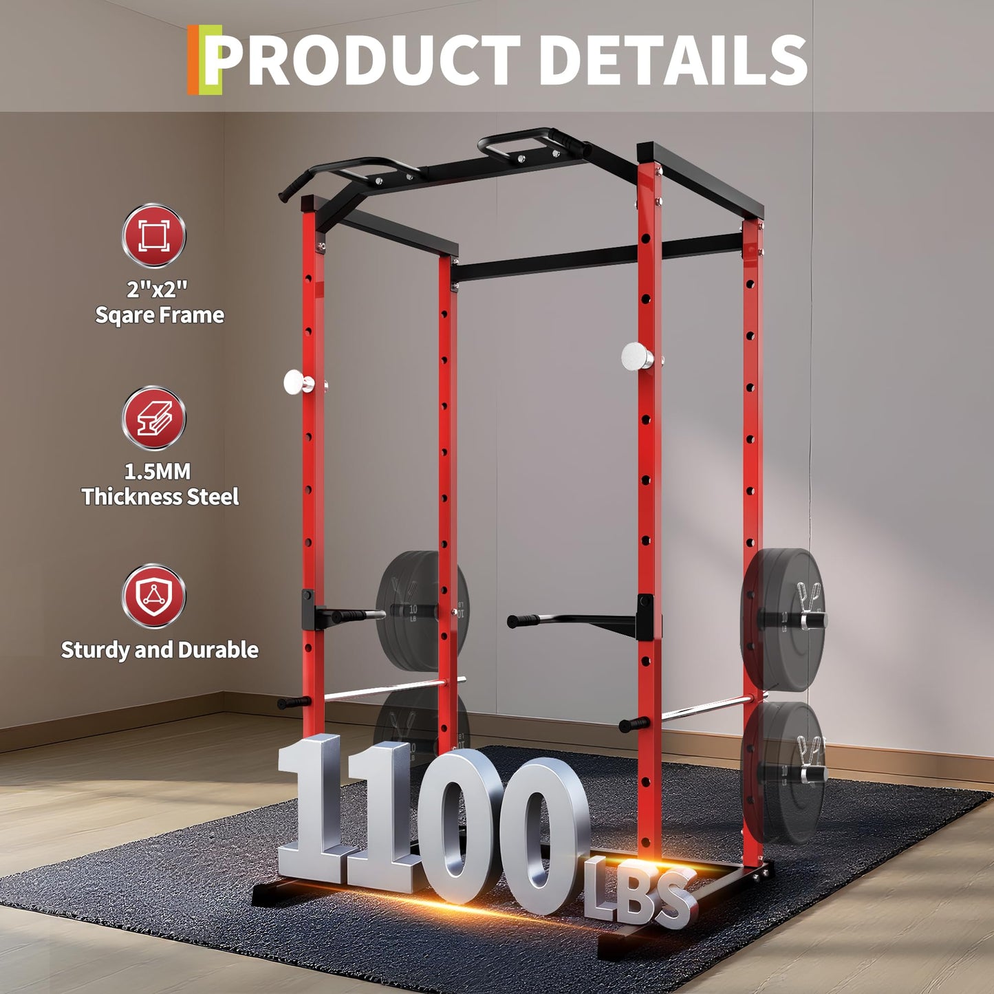 GarveeLife Power Cage Squat Rack for Home Gym, 1100 LB Capacity Power Rack with Pull-Up Bar, Dip Bars, & Adjustable Safety Bars, Strength Training for Home Gym, Red