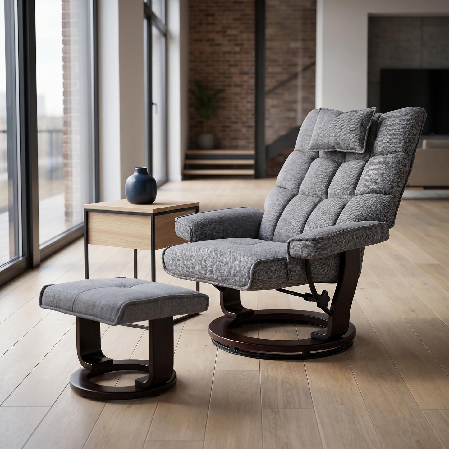 Trygoal Massage Recliner Chair with Ottoman, 360° Swivel Ergonomic Chenille Reclining with 8 Vibration & Heating Points, 135° Lounge TV Chair with Bent Wood Base & Headrest for Living Room, Grey